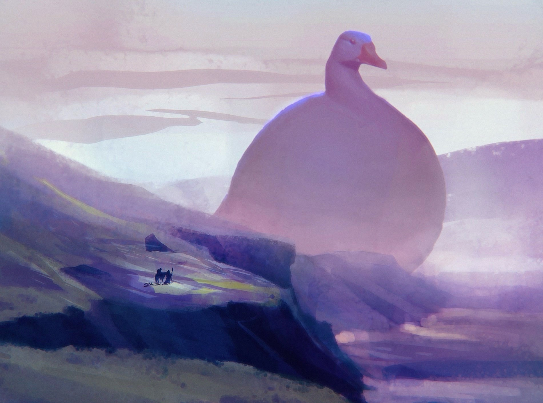 a loose painting of two travelers approaching a colossal and very rotund goose sitting by a cliffside in northern Scotland 