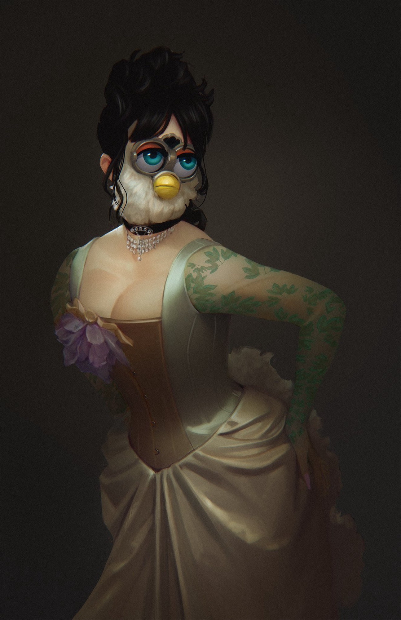 stylized study of Billie Eilish in her gala gown from 2021, except her face is a furby 