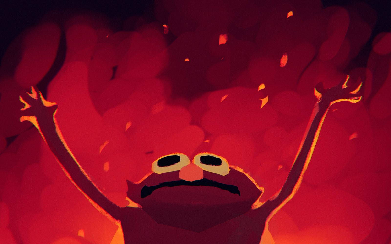 fanart of the hellmo gif (elmo raising his arms, backlit by the fires of hell) 