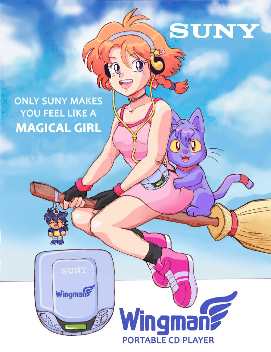 A red-haired girl with medium length hair, wearing a pink summer skirt is flying on a broom high up in the air through the clouds. She's a modern witch and listening with headphones to music on her portable CD-Player. Her purple witch cat is holding on tight too and smiles to the camera. The Suny logo is reference to another well-known electronic brand I adore a lot. The title says"Only Suny makes you feel like a magical girl".