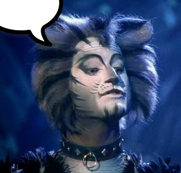 Munkustrap (actor Michael Guber) from Andrew Lloyd Webber's musical, Cats, with a speech bubble emoji added to the upper left corner. Munkustrap is a gray tabby with a white muzzle. He's wearing what is absolutely a black fetish collar with a leash hoop and alternating diamond and circle studs of the same silvery metal. The shot is taken at ¾ angle from below, panned and scanned to fit yͤ Olde Televisions. Gruber is looking down his nose and has his mouth open and pursed slightly so that his two front teeth are visible as he either talks or sings at either a different camera, a stage mark, or a fellow cast member writhing on the stage. The resolution is Quaint, because the screen grab is from the late 1990's cast recording that was sold on TV. I think possibly Masterpiece Theater, it was a direct-to-video situation. Check out the PSA's they did, they're feral 🙀