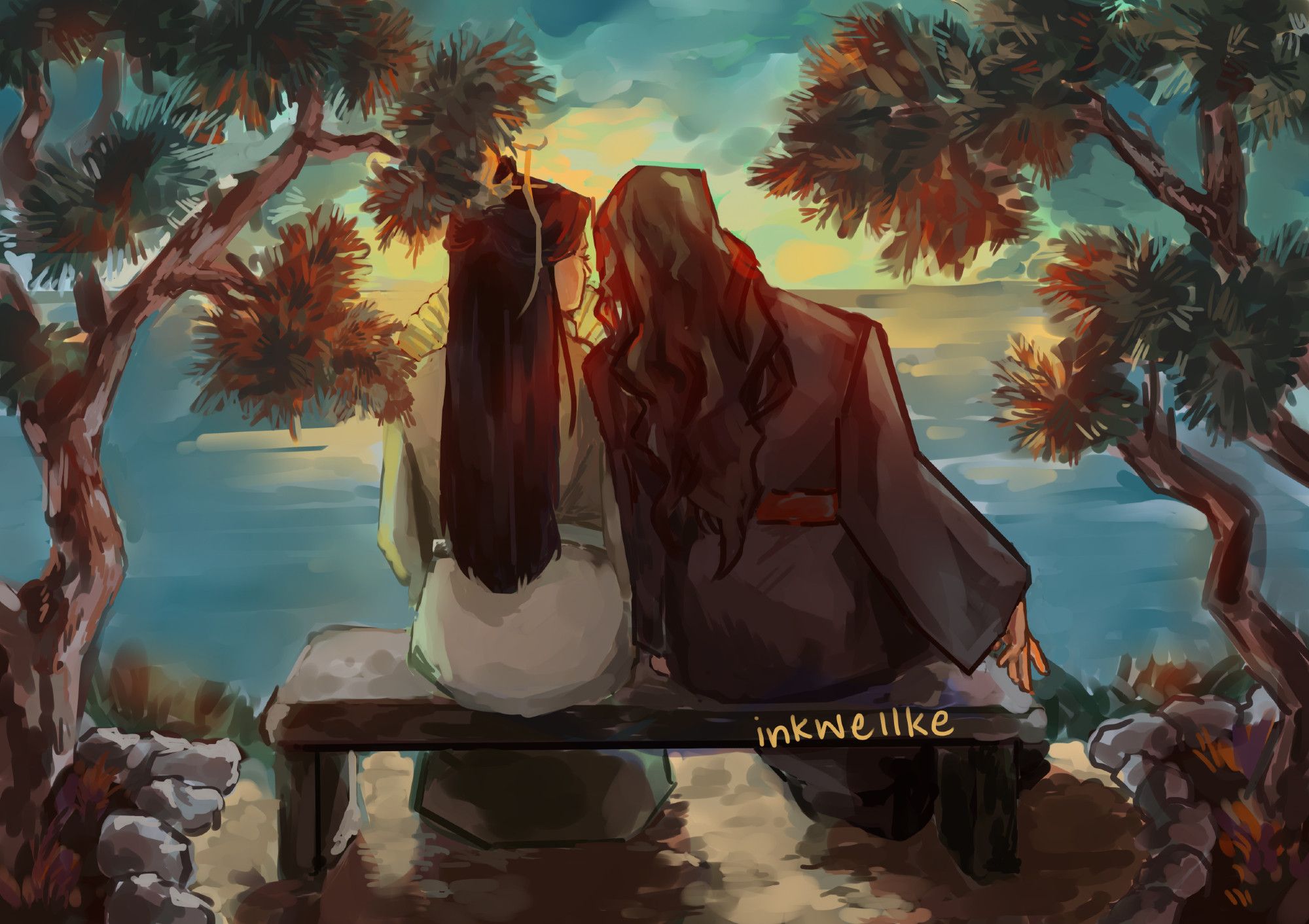 Shen Qingqiu and Luo Binghe from Scum Villain's Self-Saving System sitting on a stone bench with their backs to the viewer, facing a sunset on the ocean.