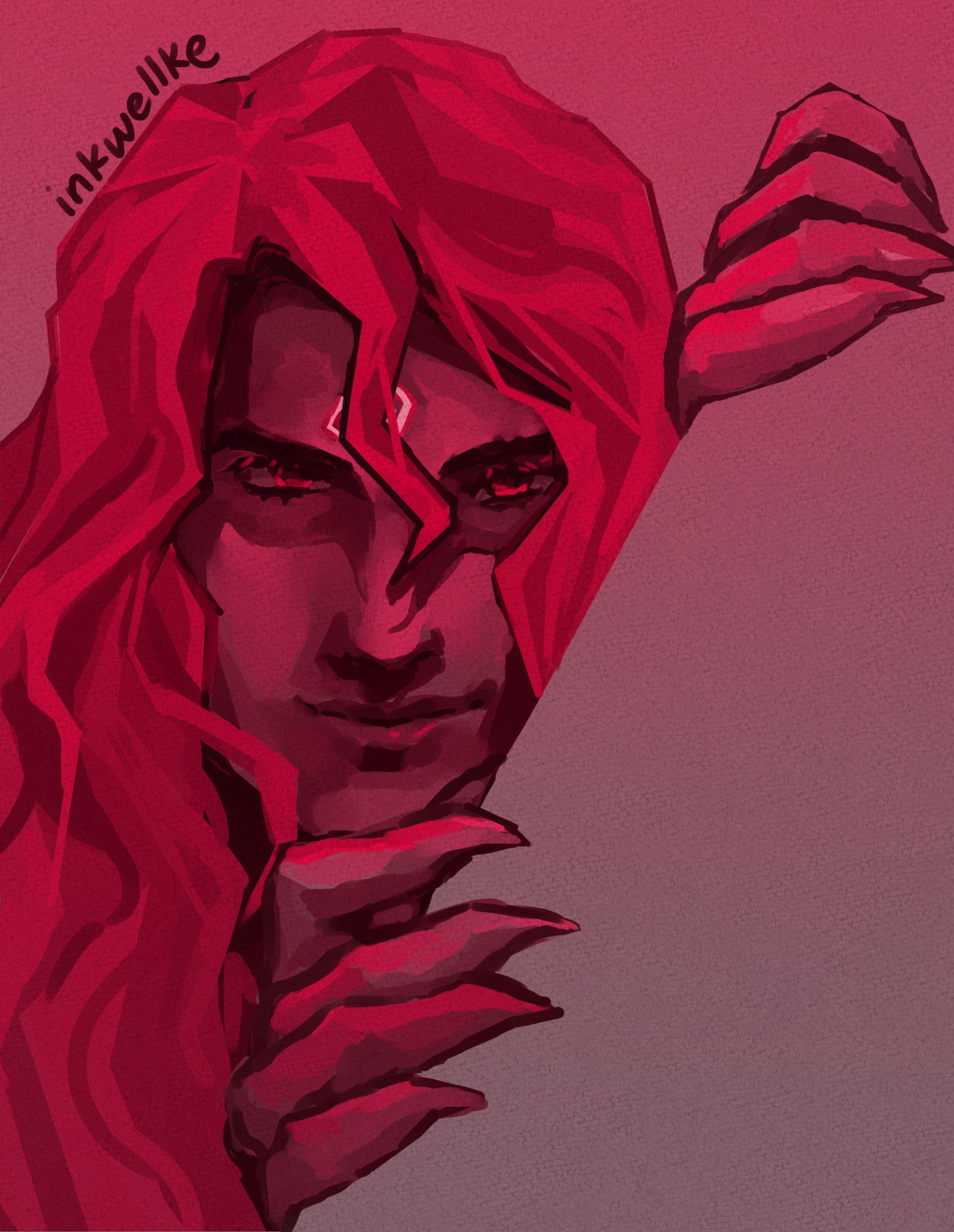 Digital painting of Luo Binghe from Scum Villain's Self-Saving System. He is smirking and looking at the viewer while peeking around a curtain that is not differentiated from the gradient background.The color palette ranges from hot pink to dark grey, with his hair almost entirely pink.