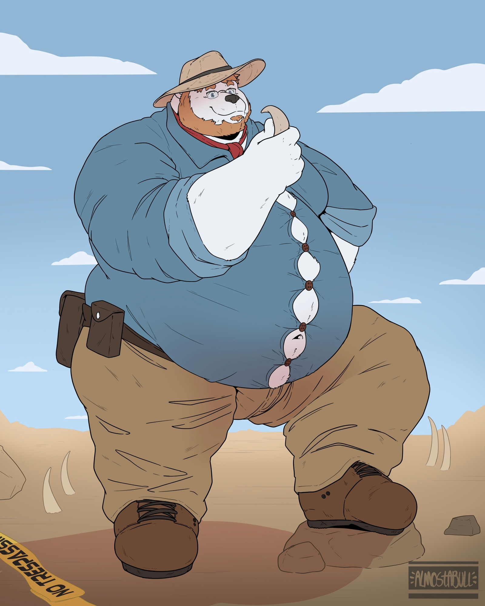 A big chubby polar bear dressed as a paleontologist, holding a fang fossil. His shirt buttons are very stretched.