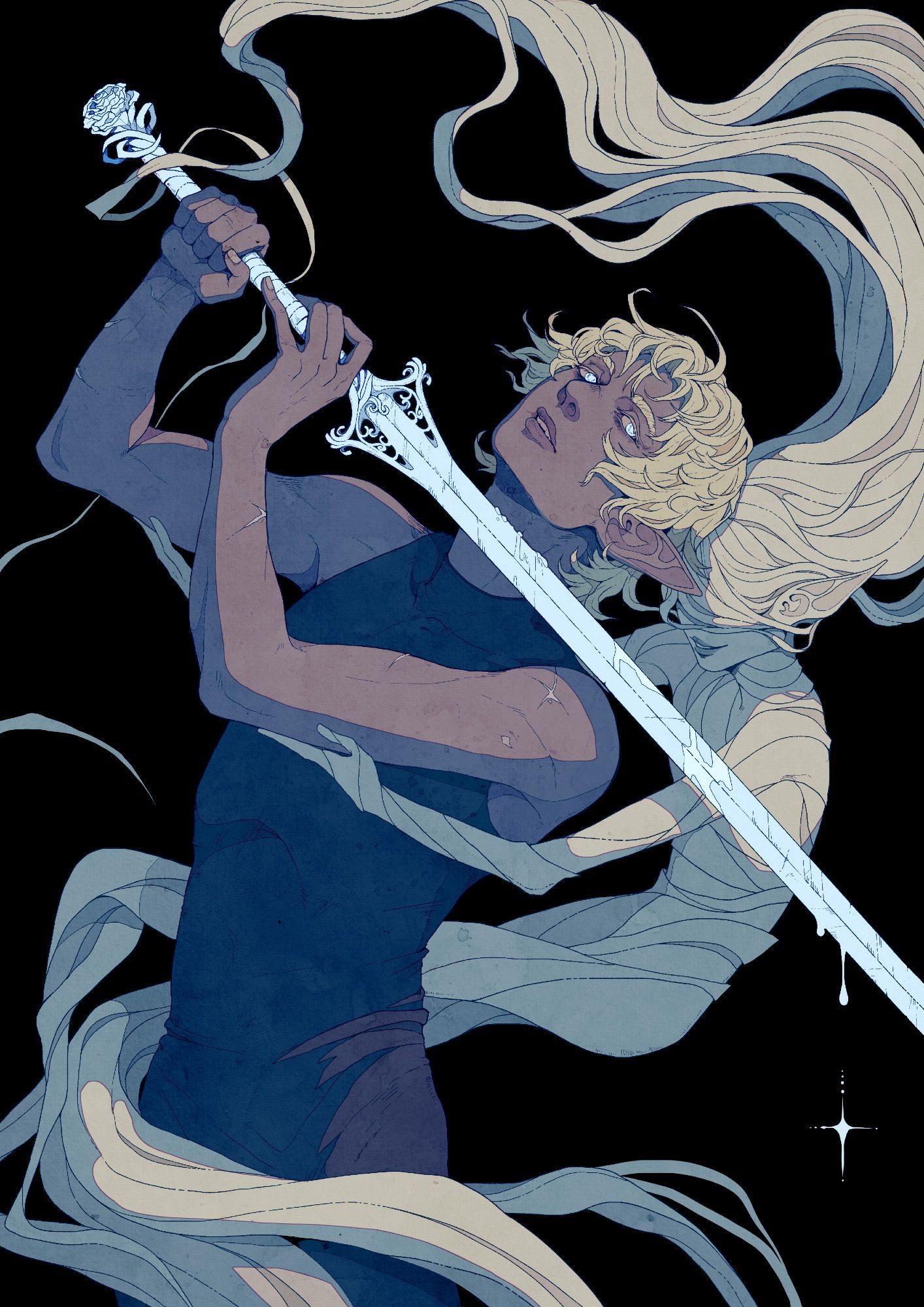 a drow character holding a sword to their throat, guided by the hands of another vaguely fae character