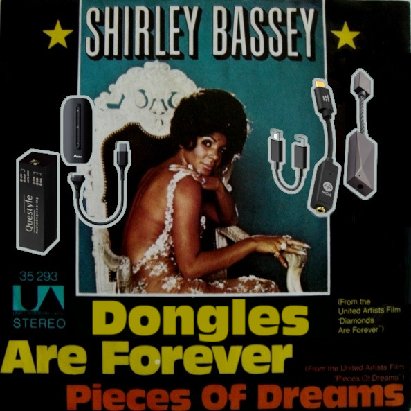 An edit of the cover of the Shirley Bassey's single, "Diamonds are Forever". The text reads "Dongles are Forever".