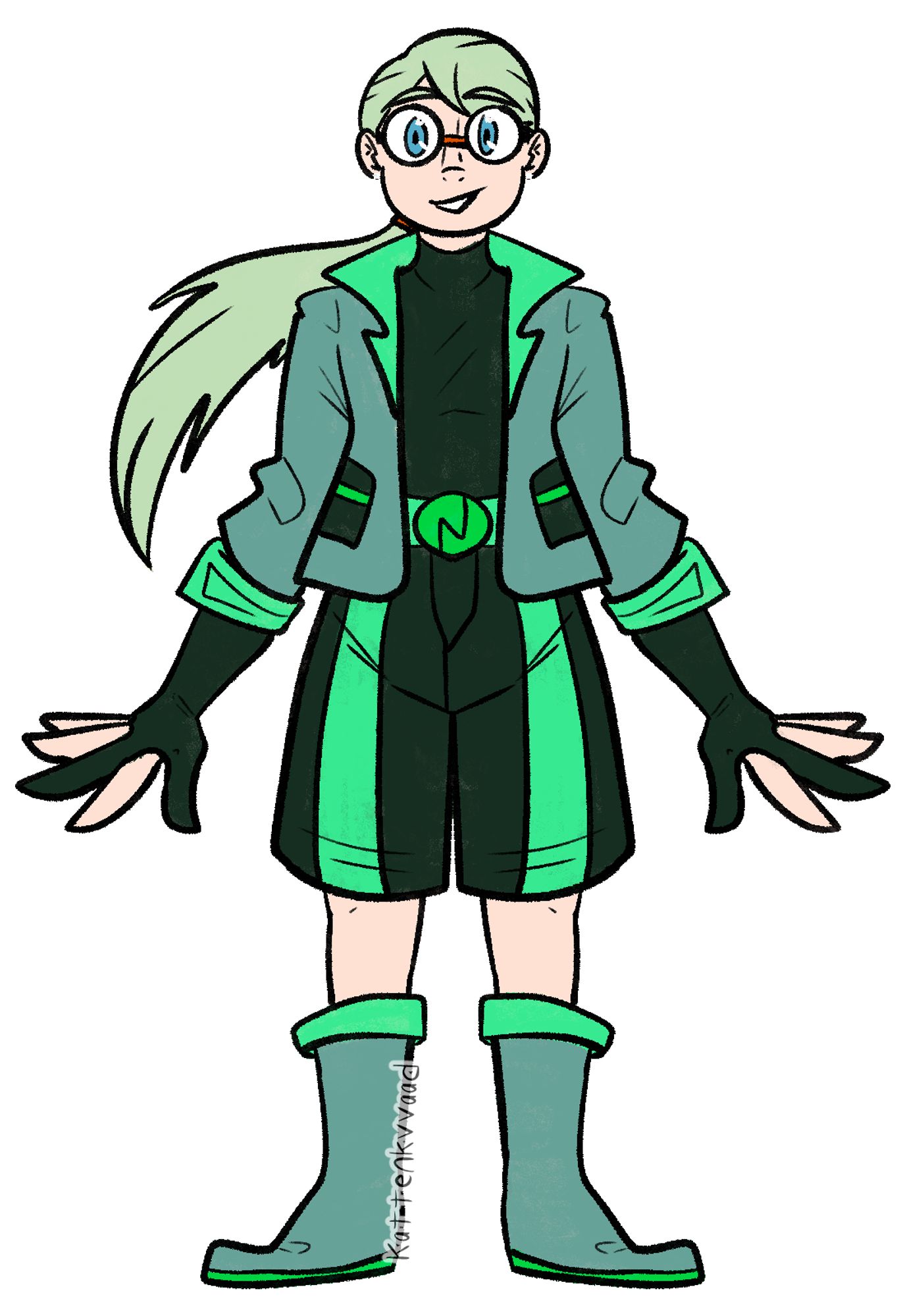 digital drawing of a human character with light skin, pale green hair and large round glasses. She is wearing an outfit colored in black, gray, and mint green.