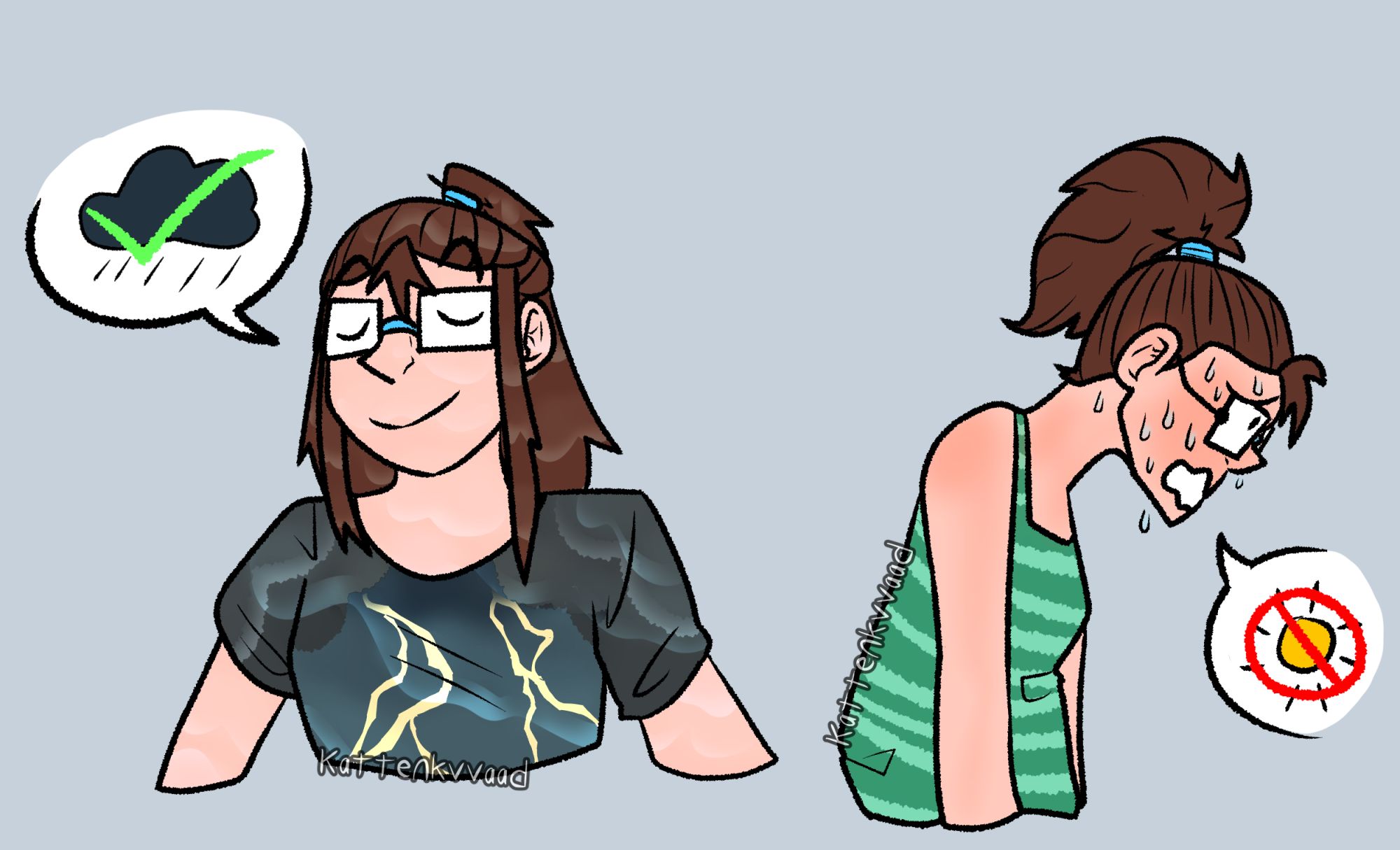 two digital drawings of an original character with light skin, shoulder-length brown hair, and rectangularglasses. The drawing on the left portrays her with a content expression while being soaked by rain, with a speech bubble with a rain cloud and a green checkmark in it. The drawing on the right portrays her as sweaty and unhappy, with a speech bubble with a sun and a crossed out circle in it.