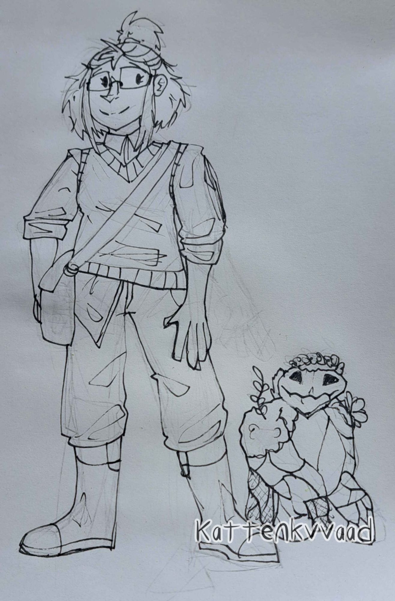 traditional doodle of pen on paper, depicting a human girl and a small creature made of moss-covered rocks, standing side by side. The girl is wearing glasses, a dress shirt underneath a sweater vest, and slightly baggy pants tucked into rain boots. Her hair is worn in a half-up half-down kind of hair style.