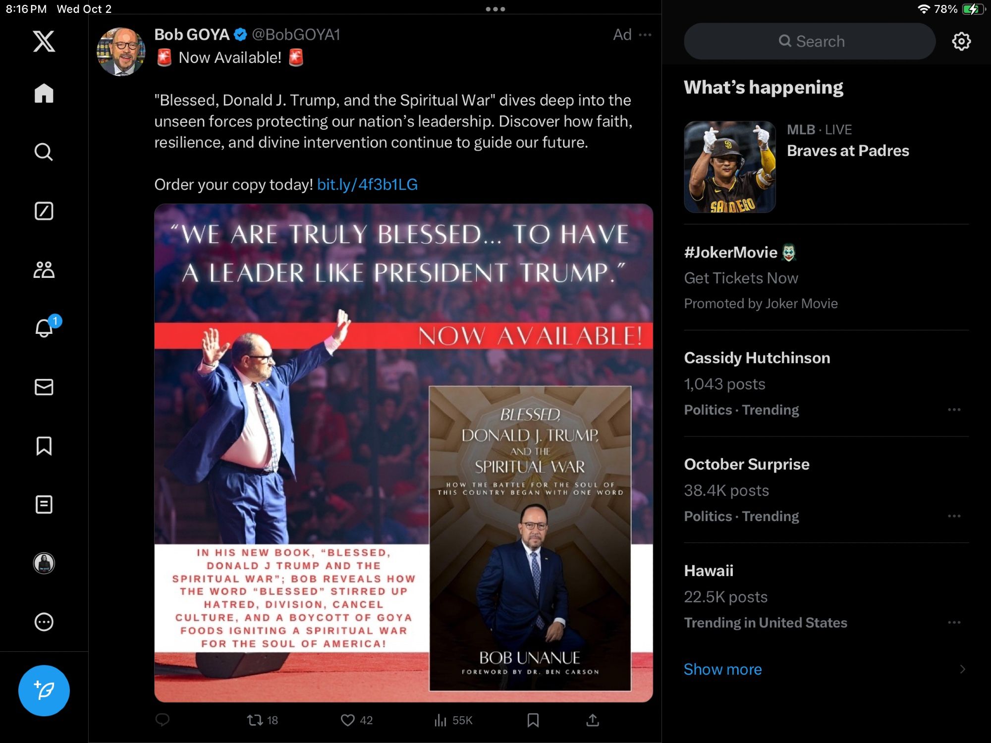 Screenshot from over on Twitter of an ad from the Goya owner in support of Donald. Goya guy has apparently written a book (polemic? screed?) about how the word ‘blessed’ launched some sort of spiritual war. He seems to think God is on Donald’s side. 