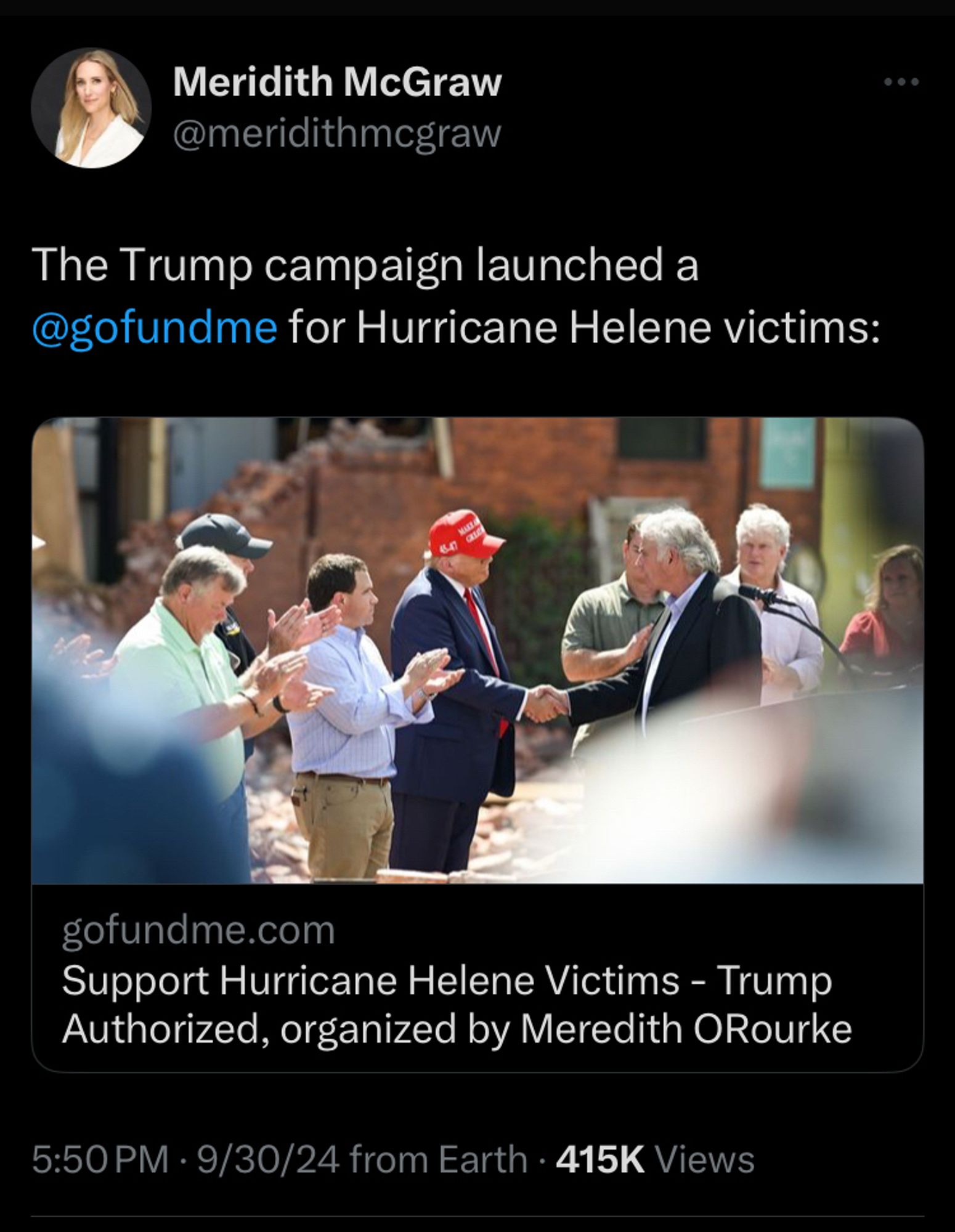 The Trump campaign launched a @gofundme for Hurricane Helene victims:

https://twitter.com/meridithmcgraw/status/1840887005162487981?s=46