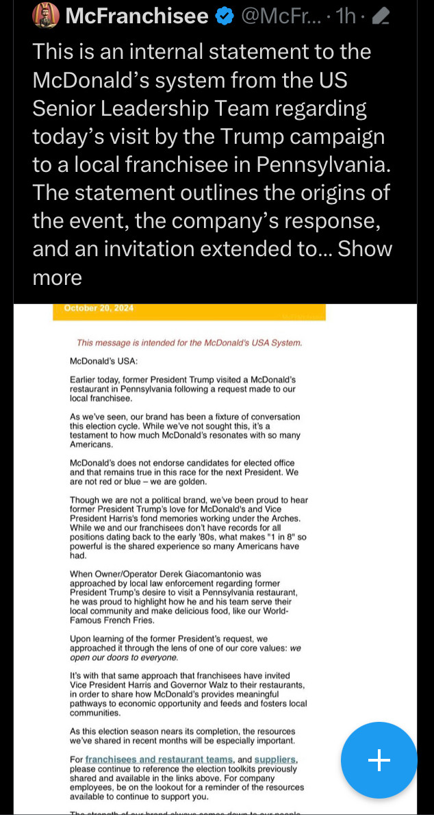 This is an internal statement to the McDonald’s system from the US Senior Leadership Team regarding today’s visit by the Trump campaign to a local franchisee in Pennsylvania. The statement outlines the origins of the event, the company’s response, and an invitation extended to the Harris/Walz campaign for a future event.