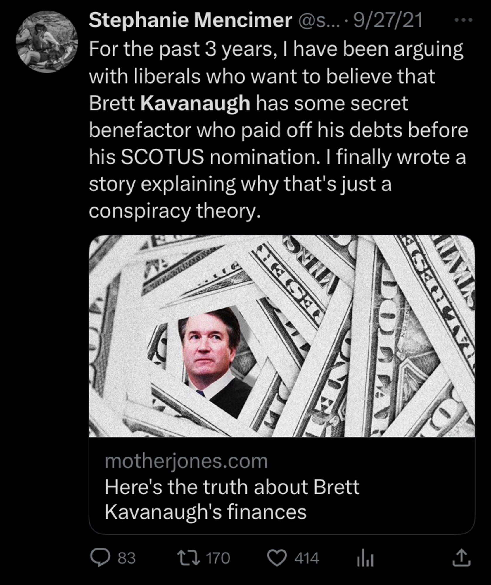 For the past 3 years, I have been arguing with liberals who want to believe that Brett Kavanaugh has some secret benefactor who paid off his debts before his SCOTUS nomination. I finally wrote a story explaining why that's just a conspiracy theory.