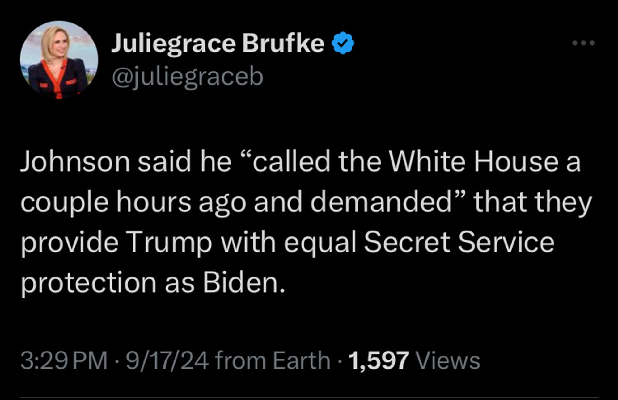 Johnson said he “called the White House a couple hours ago and demanded” that they provide Trump with equal Secret Service protection as Biden.

https://twitter.com/juliegraceb/status/1836140414924992807?s=46