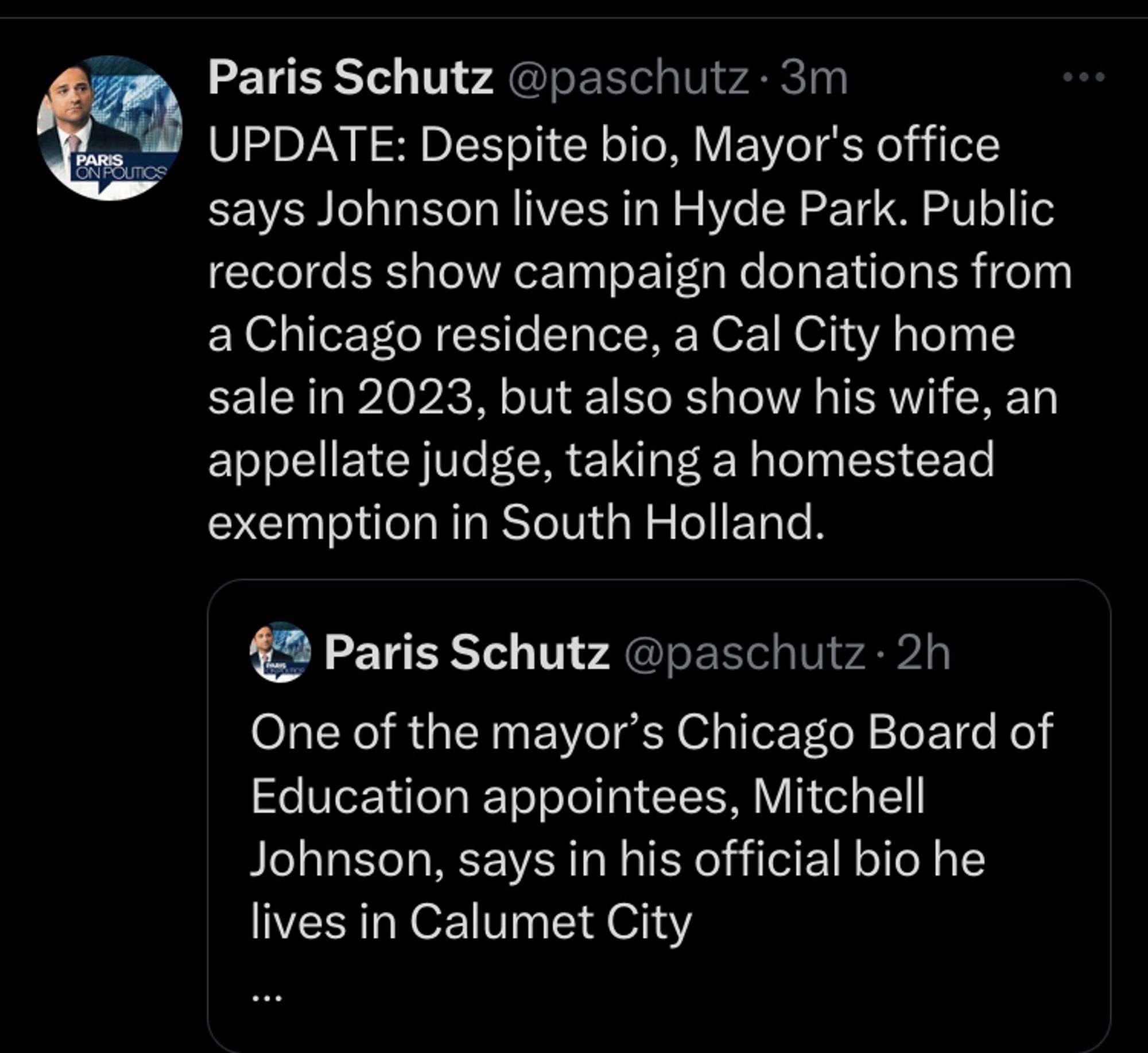 UPDATE: Despite bio, Mayor's office says Johnson lives in Hyde Park. Public records show campaign donations from a Chicago residence, a Cal City home sale in 2023, but also show his wife, an appellate judge, taking a homestead exemption in South Holland.

https://twitter.com/paschutz/status/1843394090316247420?s=46