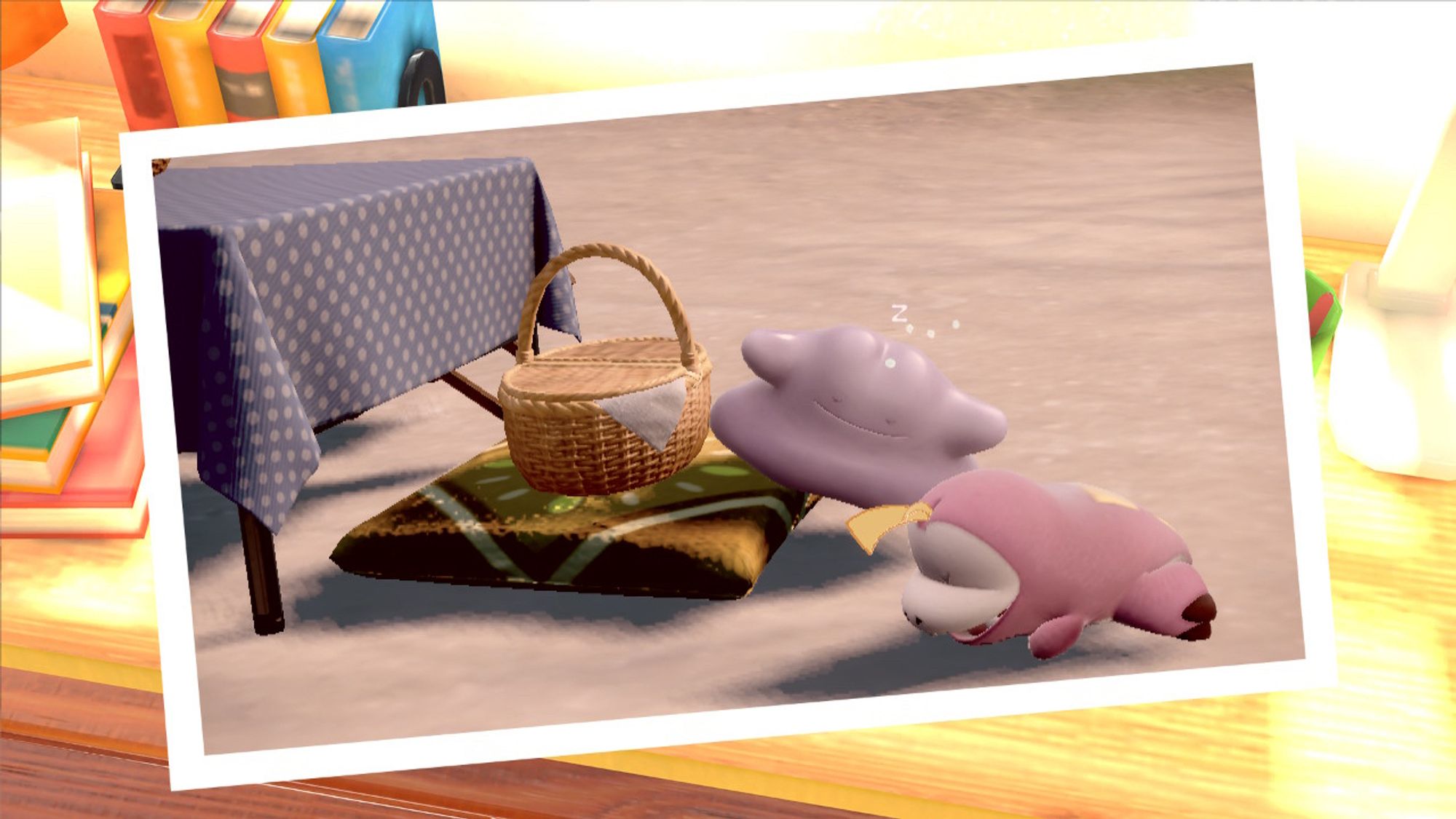 Ditto & Fuecoco sleeping next to a picnic basket in the Coastal Biome.