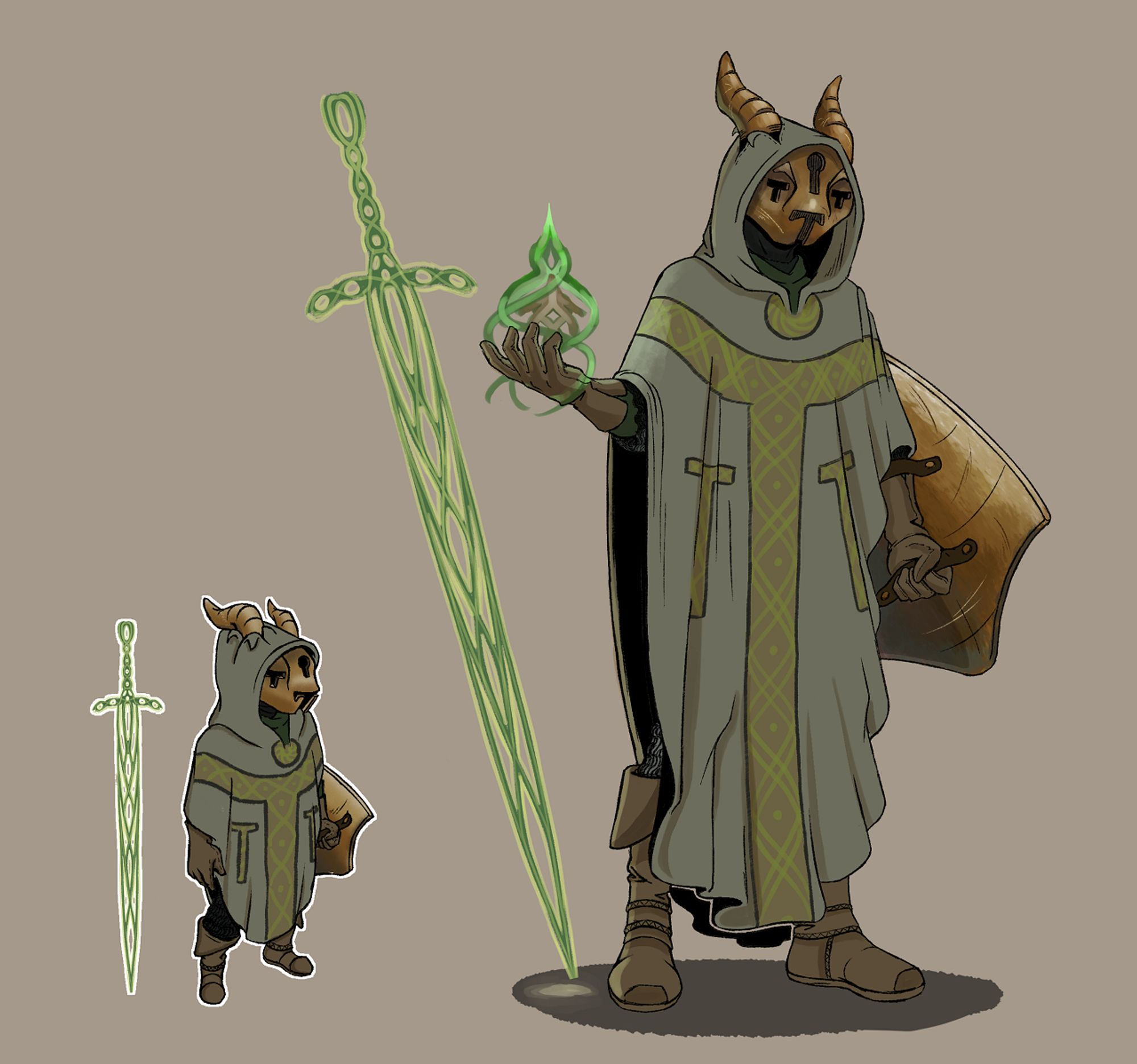 Cloaked Life-Cleric hidden behind a bronze mask.  Behind him is a spiritual bastard sword.