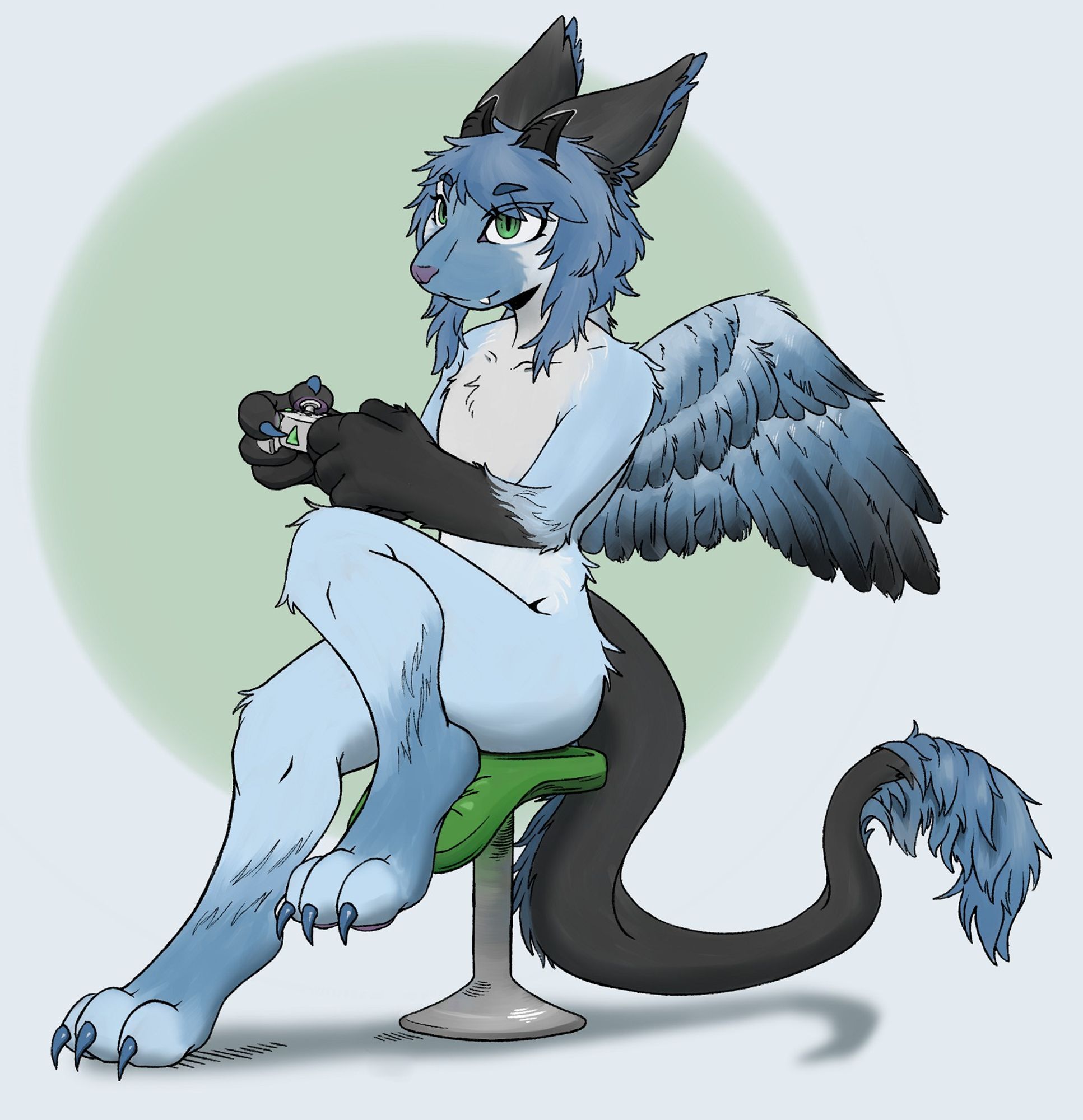 Mahlu, a fluffy winged anthro dragon, sitting on a cushioned stool playing on a gamepad.