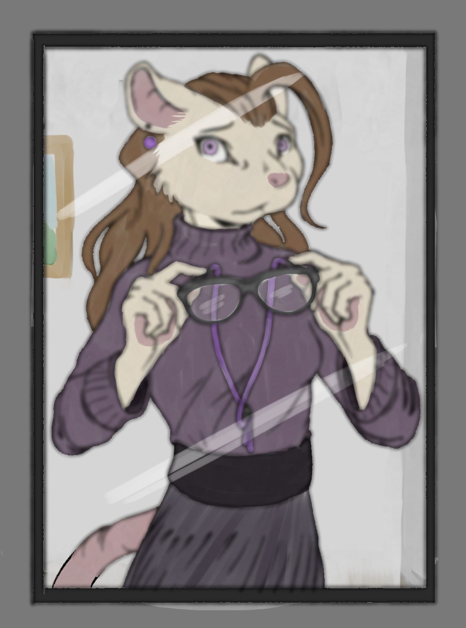 Rat woman, Ivelyn, looking in a mirror without her glasses on.  Things look blurry without them on.