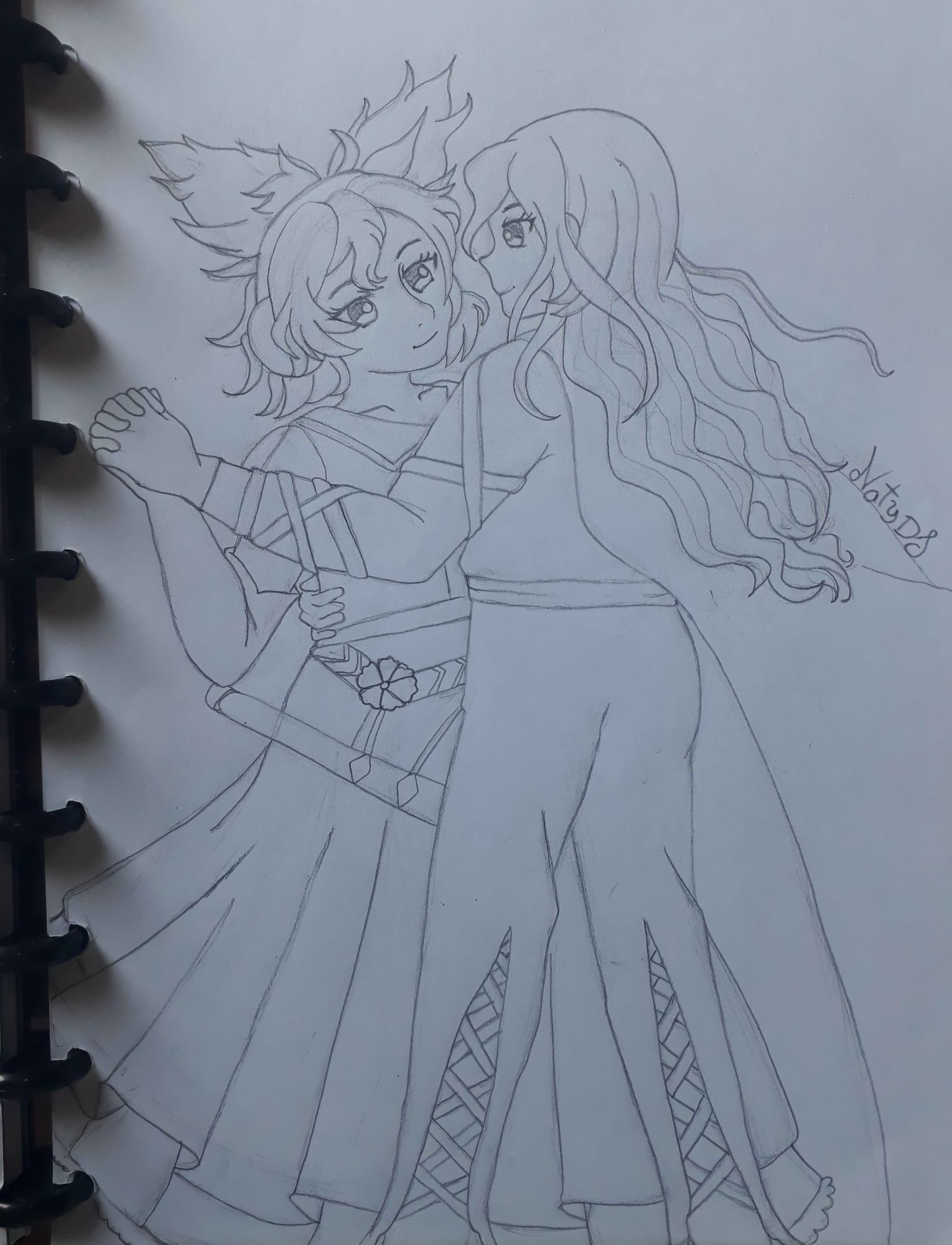 Rabisco/sketch de Toyosatomimi no Miko e Byakuren Hijiri, dançando juntas, com um redesign de suas roupas tradicionais no estilo princesa e príncipe