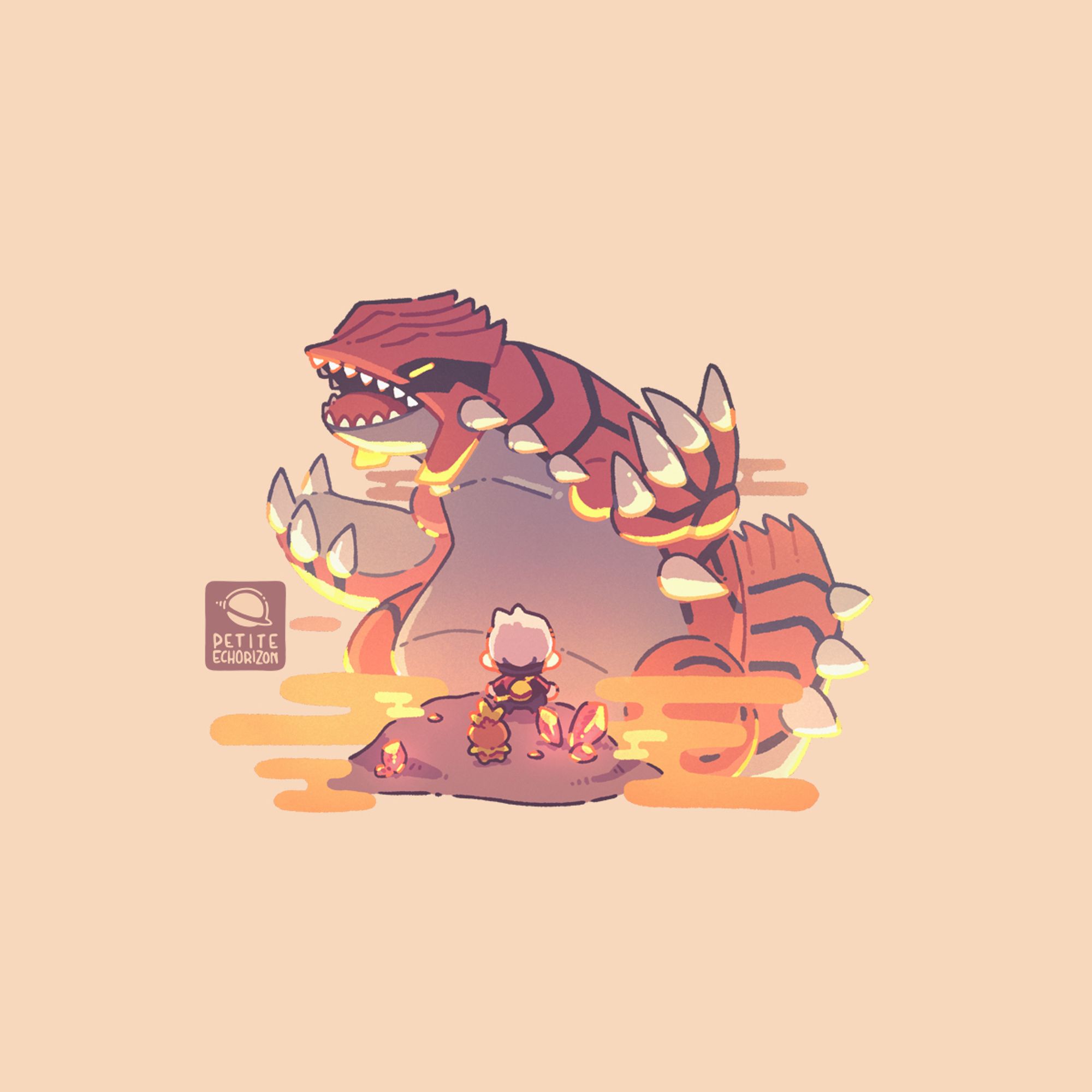 Illustration depicting the moment of Groudon’s awakening during the climax of Pokémon Ruby version. On a cliff in front of the creature there’s the male player character from the game with his partner Pokémon Torchic and they’re facing the legendary Pokémon.