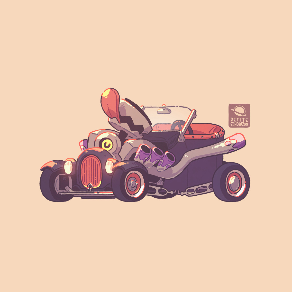 Illustration depicting the Pokémon Revavroom pretending to be the engine of a vintage car and being quite proud of it.