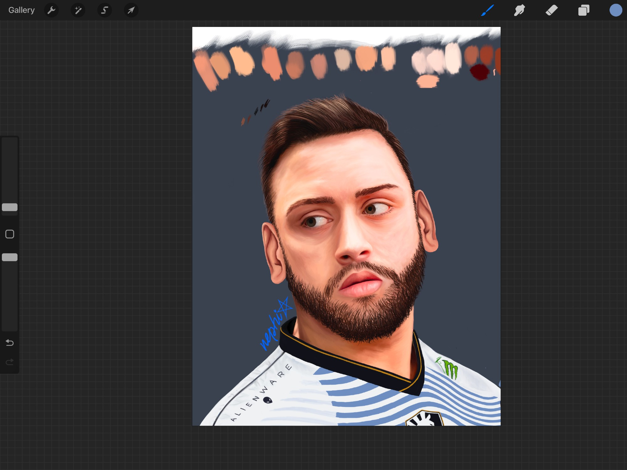 a work in progress digital painting in procreate of Team Liquid's mid laner for their League of Legends team from the LCS (or America's League), Eain Stearns aka Always Plan Ahea (APA for short). He is a white man with a beard and shorter haircut, medium brown hair, thin-medium thickness eyebrows, and hazel eyes (aka multicolored eyes). He is drawn wearing the Team Liquid Honda World's 2024 Jersey, which is a white jersey with slate blue stripes that fade into light grey stripes near the right shoulder - the right shoulder has an Alienware logo and text and the left shoulder of the jersey has a Monster energy logo and text (text not finished yet, just started on the logo). 

This digital painting is unfinished and notably rough around the edges on some layers, the skin is the closest to done, and it shows in the brush strokes. 