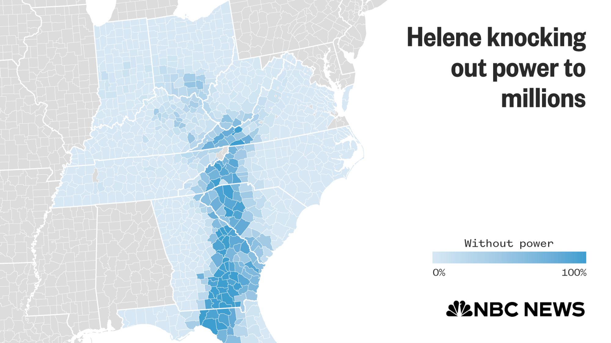 This county map of the eastern U.S. shows the share per county without power service. A swath of the country, like a stab wound that starts in northern Florida and extends up to the western tip of Virginia, is almost entirely without power.