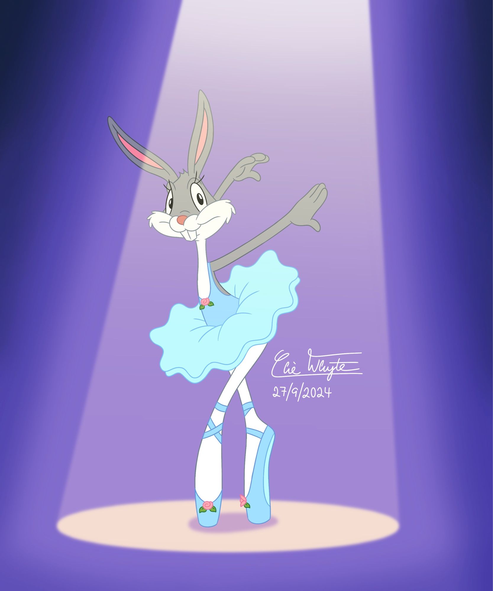 Bugs Bunny wears a light-blue ballet costume and dances gracefully in the spotlight.