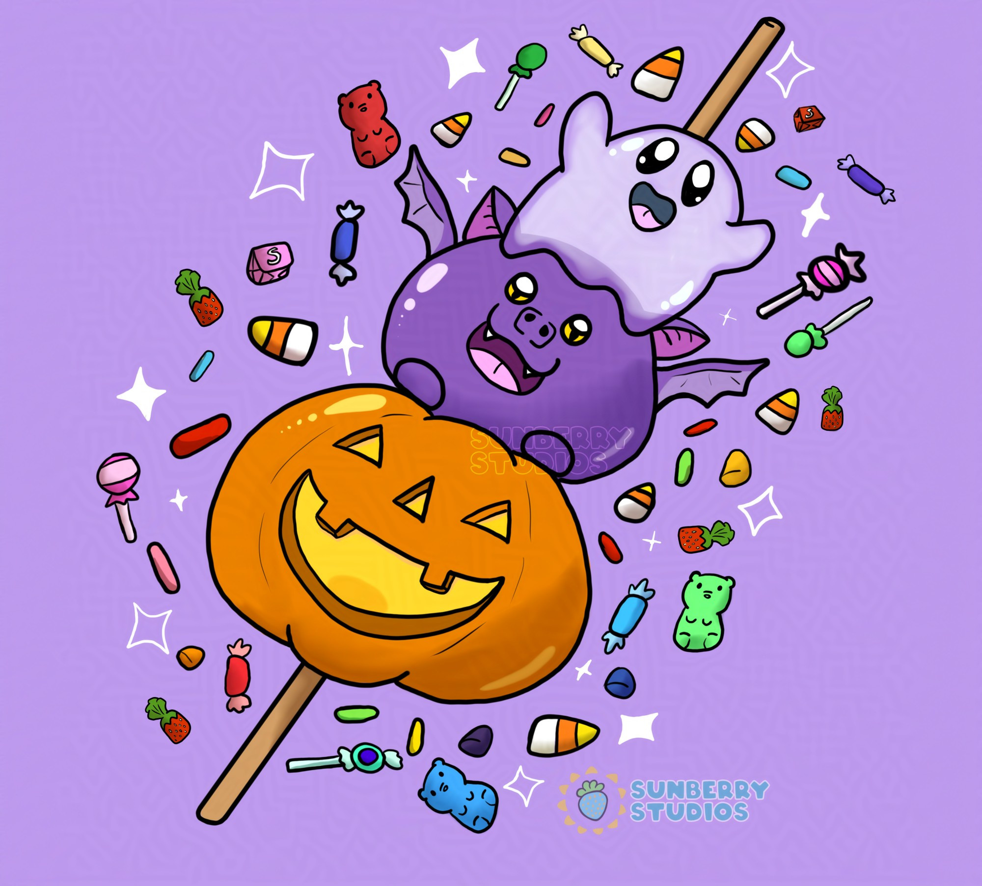 A ghost, a purple bat, and a jack o lantern are all stacked on top of each other on a dango stick. The ghost is transparent, and the bat is round and chonky. All three have a gleamy marks and a squishy gummy texture. The jack o lantern glows from the inside, and all three figures have a cheerful expression. A wide collection of candy, including gummy bears, lollipops, strawberry bonbons, candy corn, Starburst, and white sparkles.