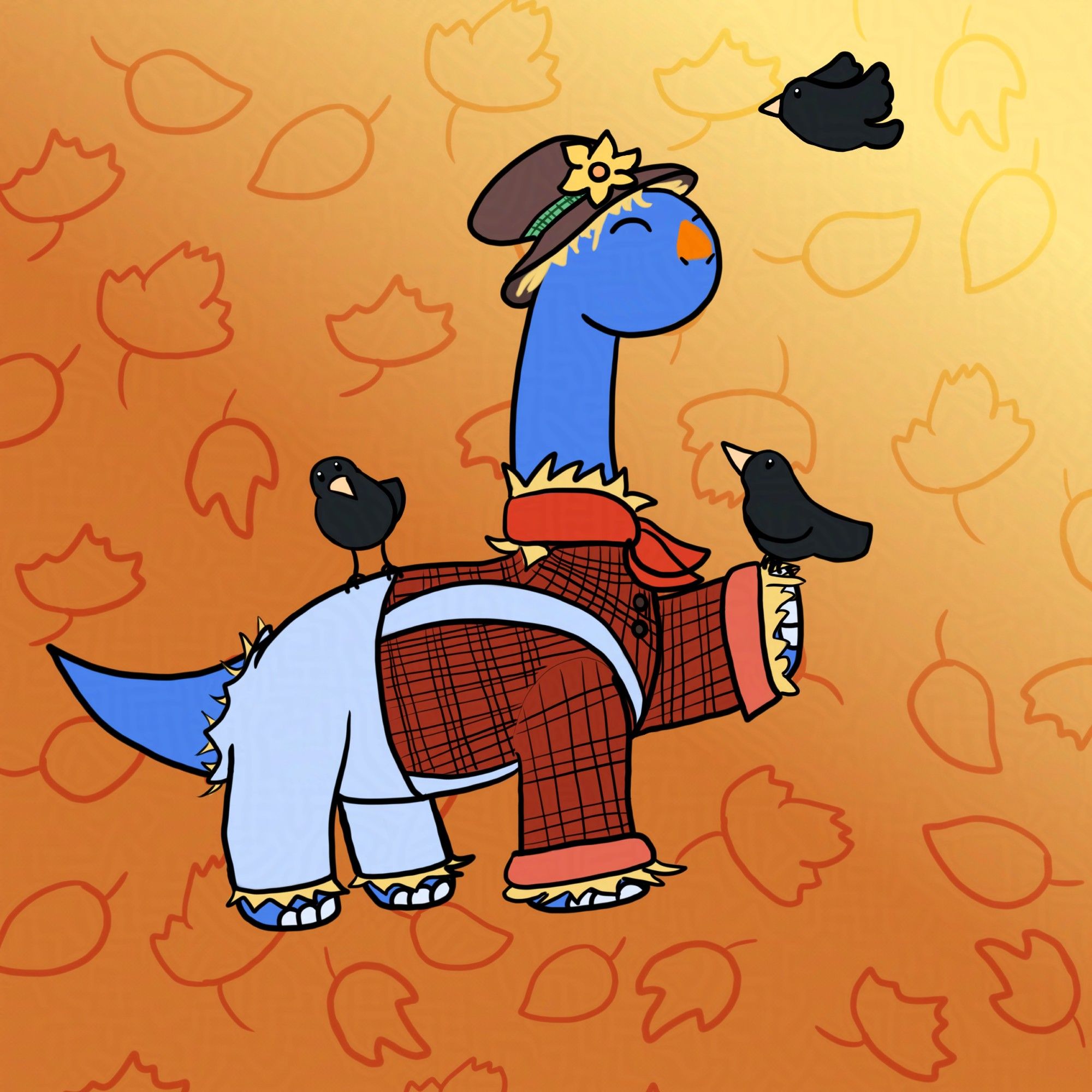 A happy blue brontosaurus is dressed in a scarecrow outfit with a plaid red shirt, light blue overalls, and straw sticking out from his collar and sleeves. His tail pokes out from the back of the overalls. He also has an orange triangle painted on his nose, and a soft brown hat with a flower on his head, and straw coming out for ‘hair.’ He has one leg out to support a crow friend, while another flies overhead and a third rests on his back. He sits on an orange gradient background with overlaid orange leaf outlines patterning the back.