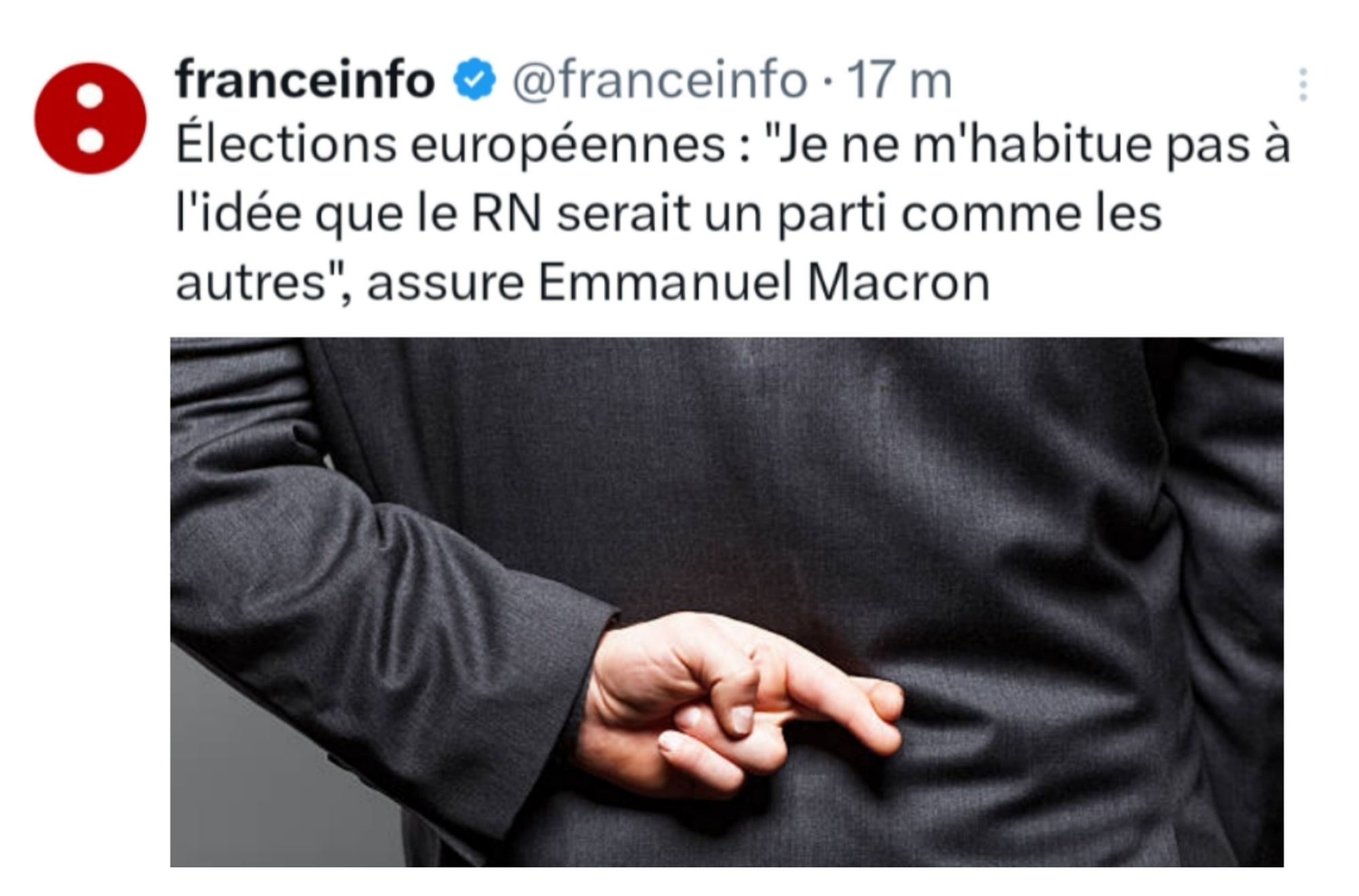 Article franceinfo : Elections européennes:"Je ne m'habitue pas à I'idée que le RN serait un parti comme les autres", assure Emmanuel Macron. Illustration : homme en costard qui croise les doigts dans le dos en signe de parjure