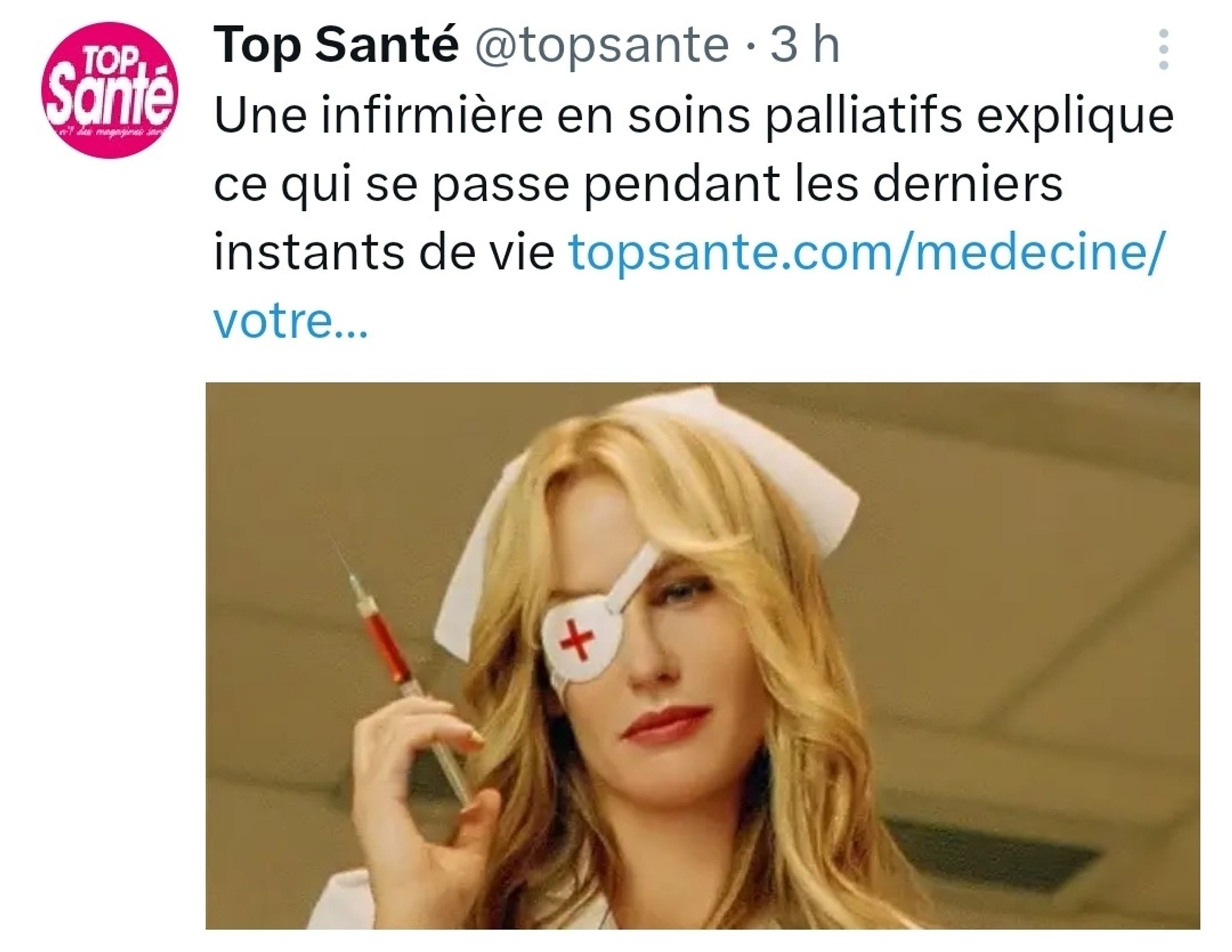 Article Top Santé : témoignage infirmière derniers jours de soins palliatifs 

Illustration : Elle Driver - Kill Bill