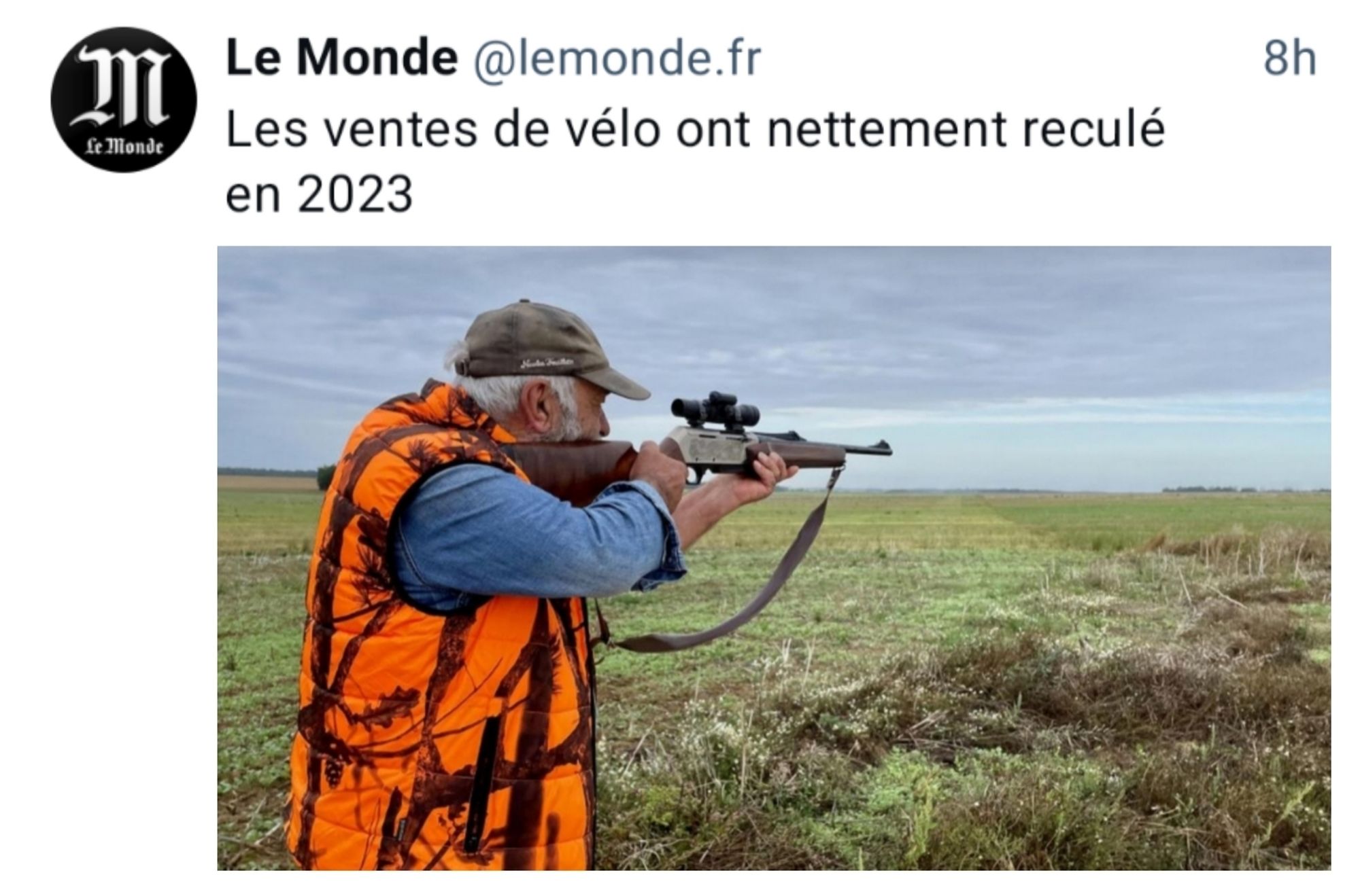 Article le Monde : Les ventes de vélo ont nettement reculé en 2023
Illustration : un chasseur qui vise au loin