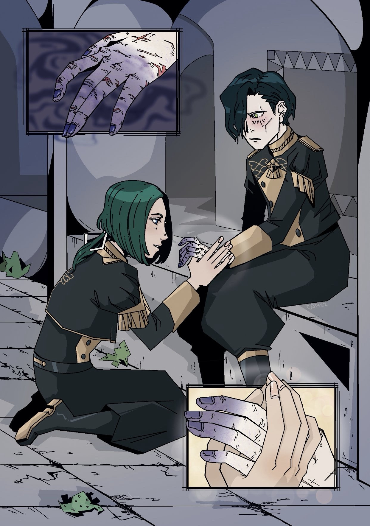 A coloured illustration with two panel closeups in the upper left and lower right corners. Linhardt is sitting on his knees at the edge of the garreg mach training grounds, holding one of Hubert's hands and gently inspecting it. Hubert sits on one of the arena's short stone partitions, looking both flustered and bewildered at being touched. The panel to the upper left depicts a closeup of hubert's hand, scarred and blackening at the fingnertips from dark magic use. The bottom right panel shows another closeup; linhardt's soft, unblemished hands gently clasped around Hubert's own. There is a slight ring of white encompassing them - faith magic.