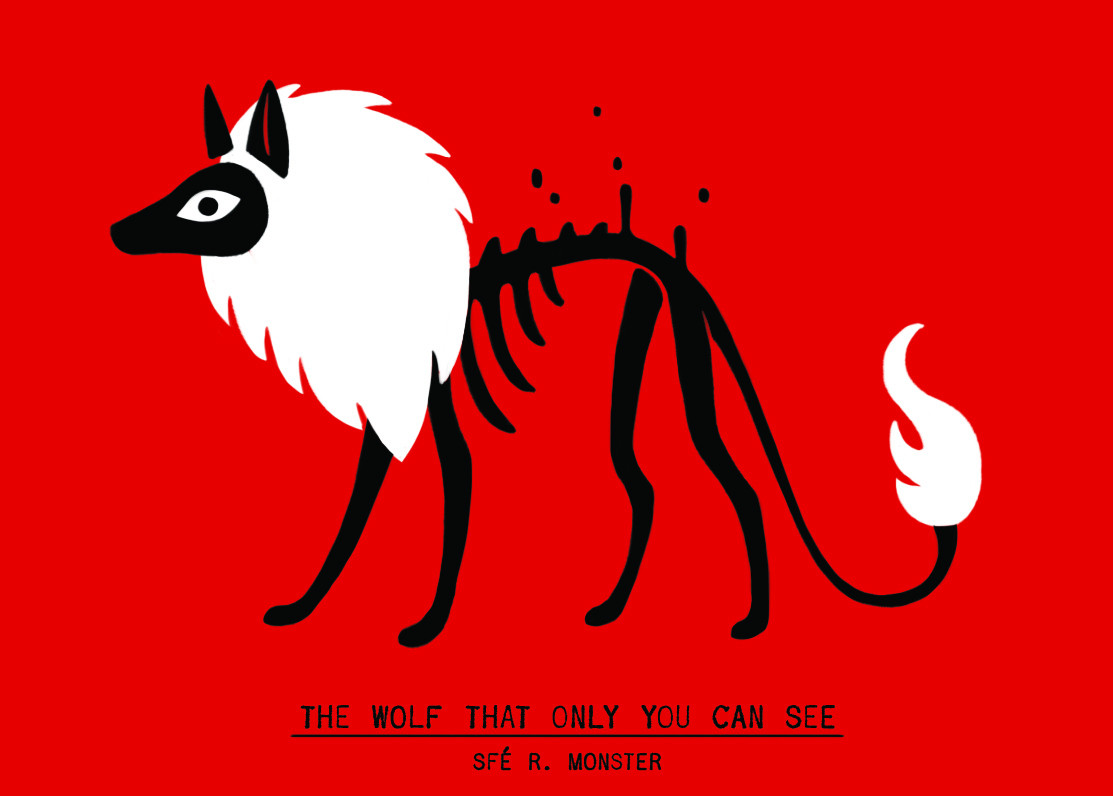 A wolf that only you can see: a black and white skeletal creature- vaguely dog-like- with a white mane and tail.