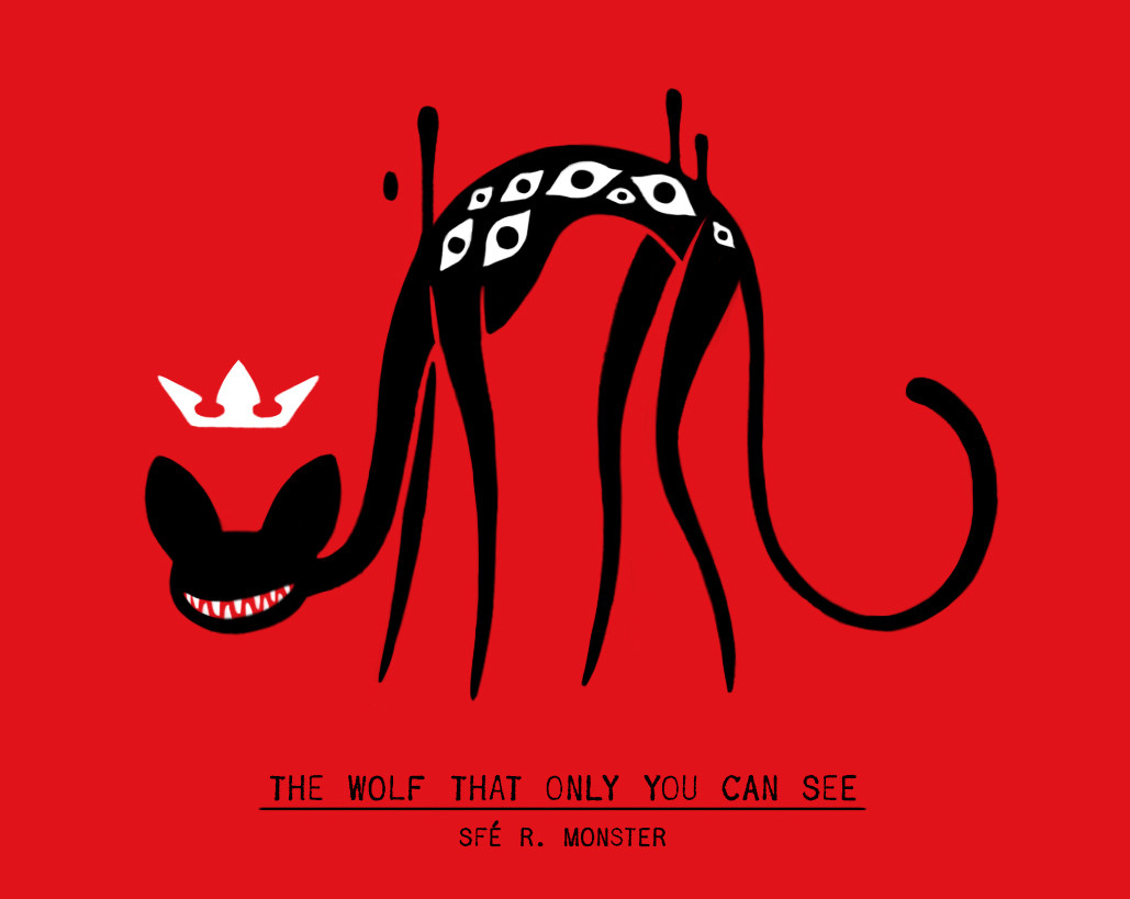 A black and white illustration of a Wolf That Only You Can See on a red background, of a thin cat-like Wolf with long legs, multiple eyes running the length of its body, a smiling eyeless face, and a floating crown above its head.