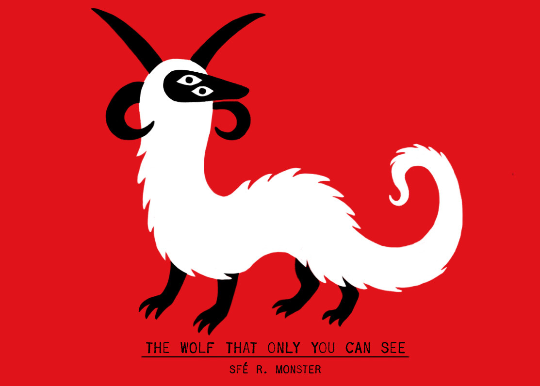 an illustration of a Wolf That Only You Can See. A black and white wolf with an ascending and descending pair of horns, two eyes, four legs, and a long, slender, furred body, on a bright red background.