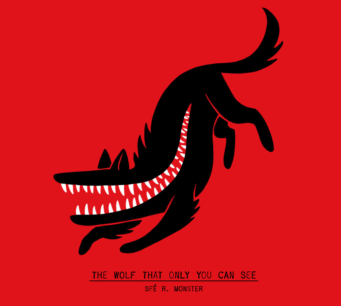 A black and white illustration of a Wolf That Only You Can See on a red background, featuring an eyeless dog-like Wolf, with an enormous mouth that splits it down the entire length of its body.