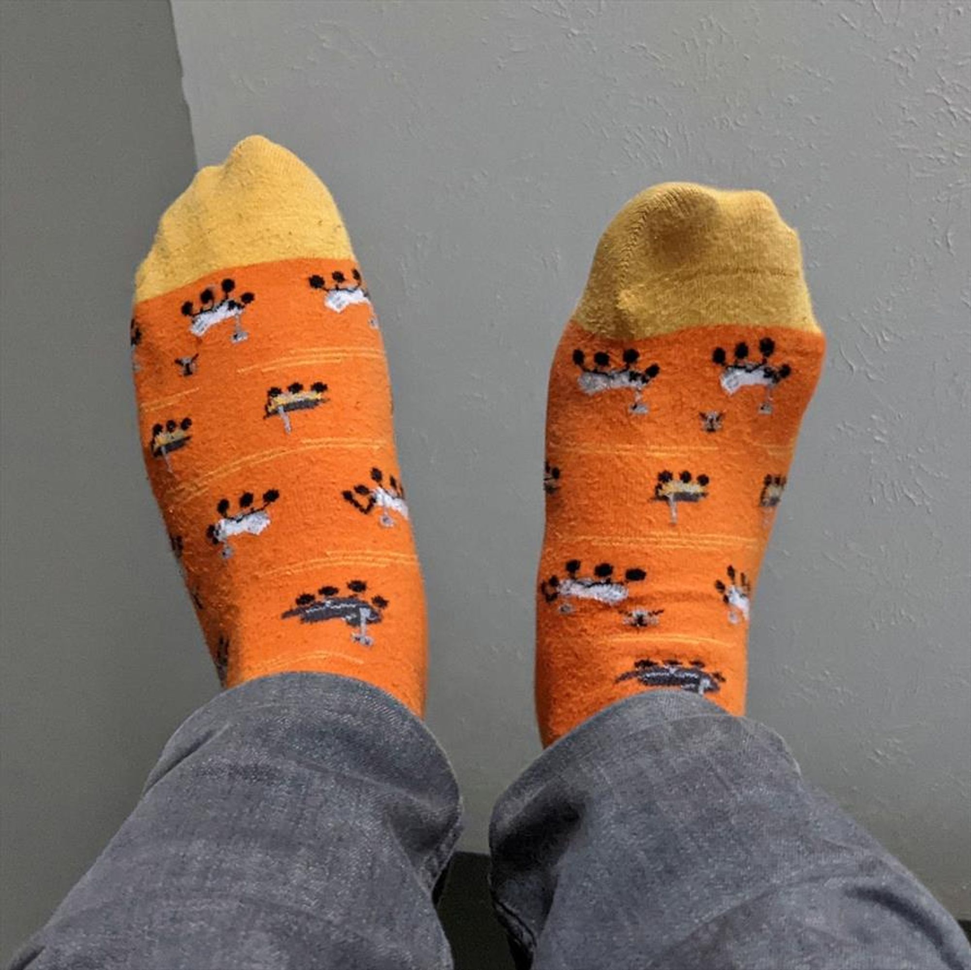 Daniel wearing his orange Rover Family socks