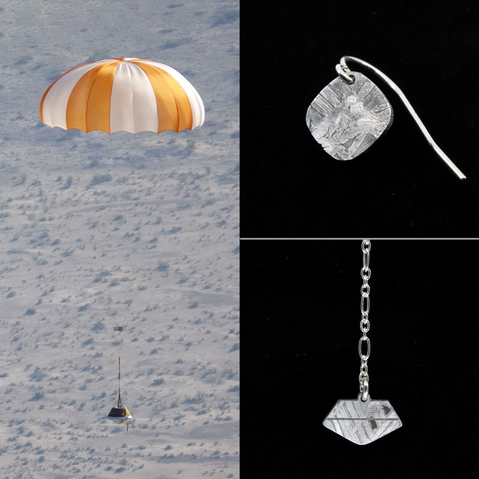 OSIRIS-REx sample return capsule dangling under a parachute on the left. On the right shows the jewelry inspired by it featuring earrings with the spinning top shape of asteroid Bennu and the sample return capsule shape.