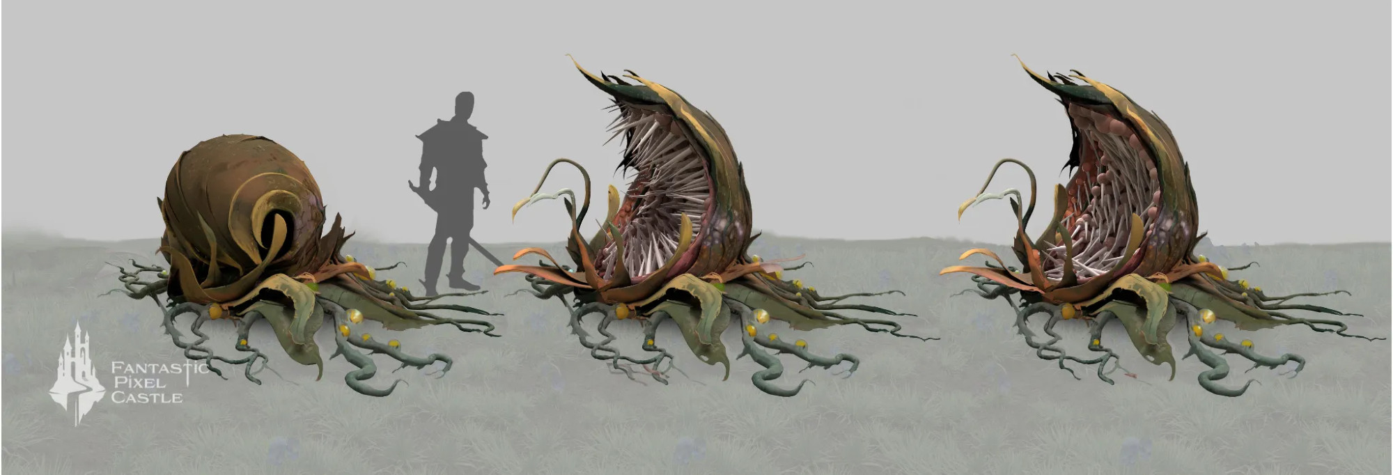 Concept art for the Wychwood biome for the in-development game Ghost. This carnivorous plant concept is genuinely the stuff of nightmares. There are three forms: One, the plant is rolled up as if it isn’t a deadly trap. Two, it has unfurled to a deeply unfortunate “active” state that is as tall as the nearby human silhouette, and displays aggressively raised vines and an upsetting number of tooth like spikes. (I apologize for that sentence.) Three, the teeth are folded inward as if sated.