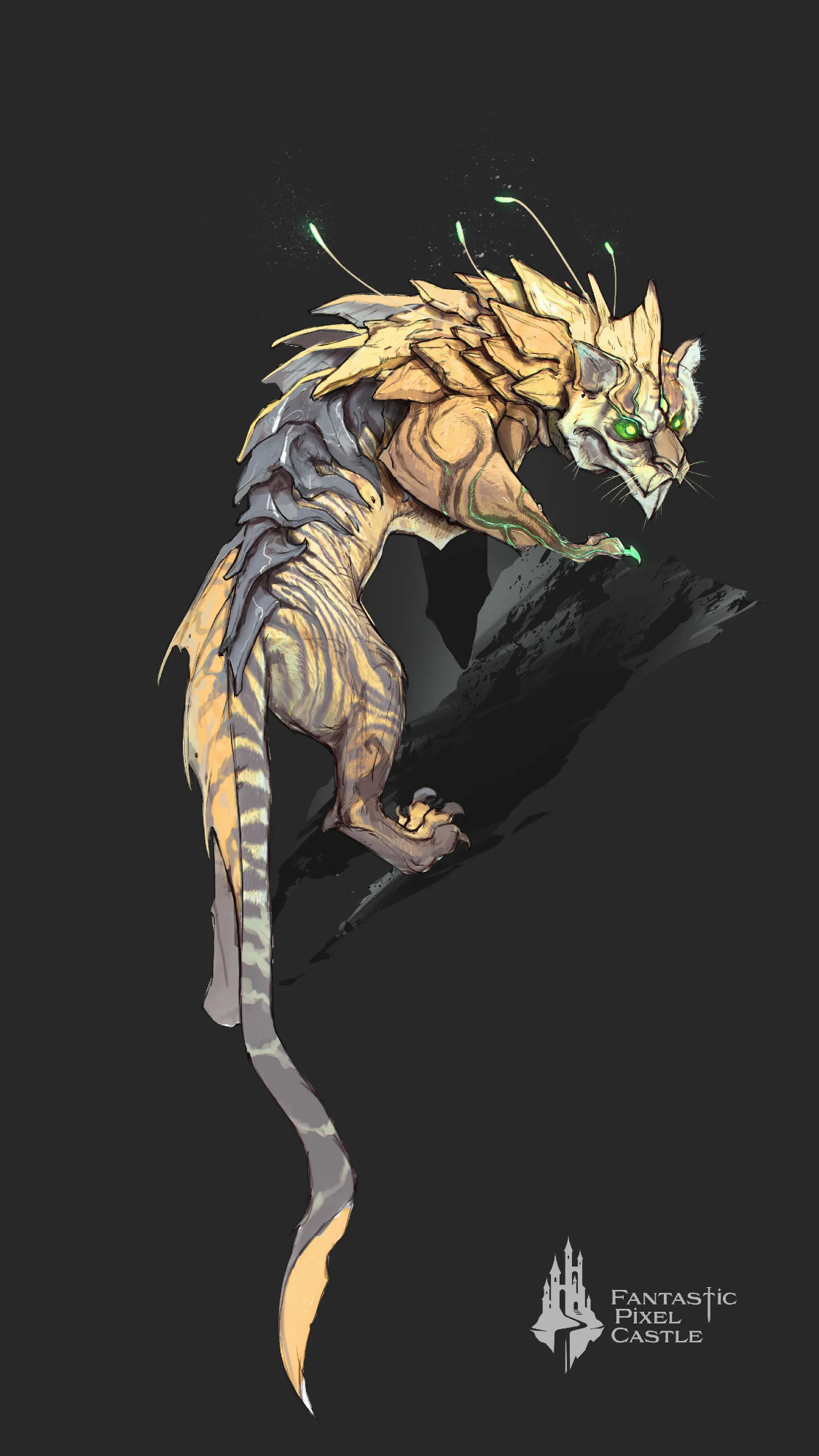 Concept art for the Wychwood biome for the in-development game Ghost.  A tiger-like creature with striped fur, but sporting glowing eyes, a partially-scaled carapace, and four delicate antennae scales a branch. 