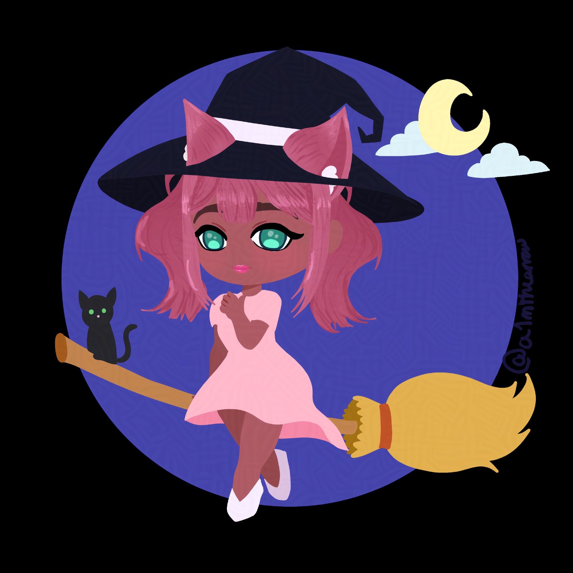 Kemonomimi girl with cat ears and dark pink hair sitting on broom with black cat sitting at front. Blue cirlce int he baground with crescent moon and two clouds in the upper right. Girl has green eyes, pigtails and dark skin. Wearing a pink short sleeve dress with white shoes and a black witch hat.