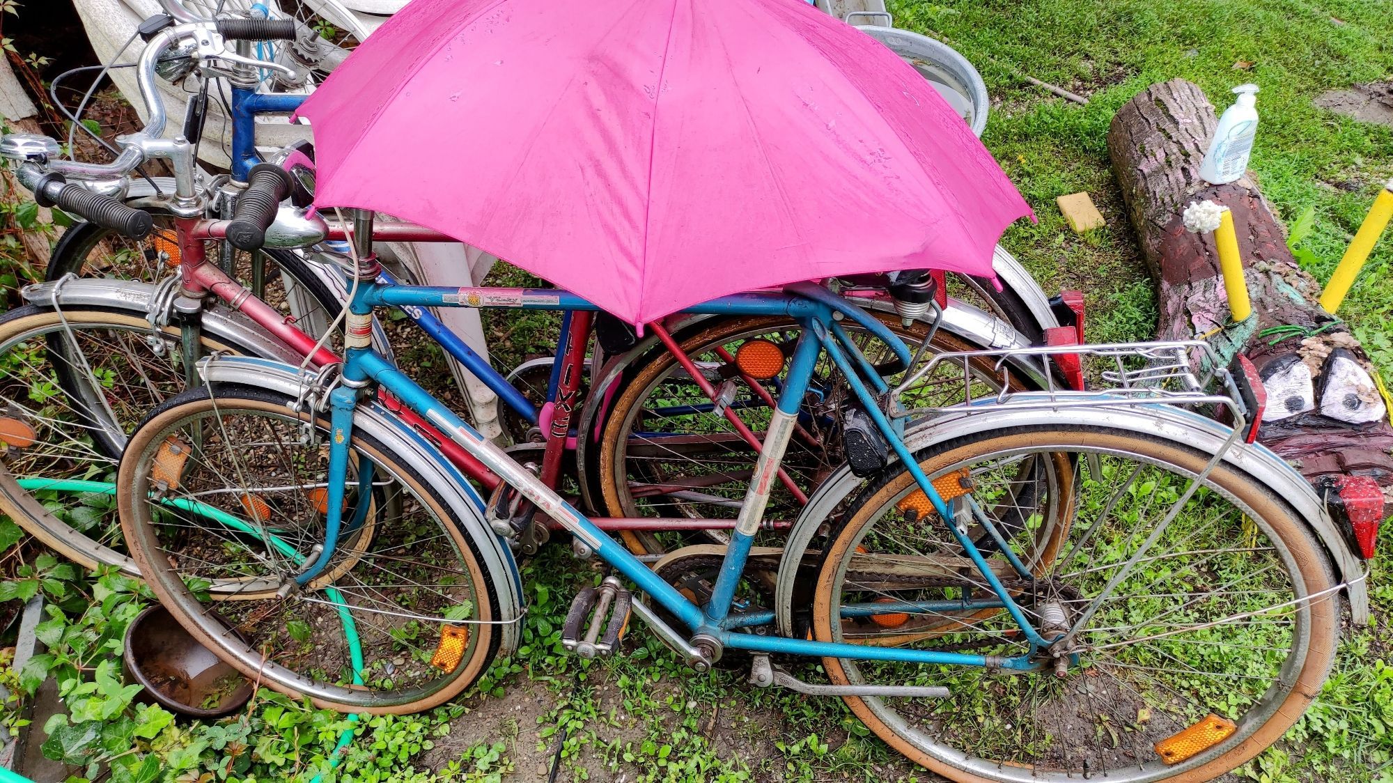 Alte Fahrräder unter einem rosa Regenschirm