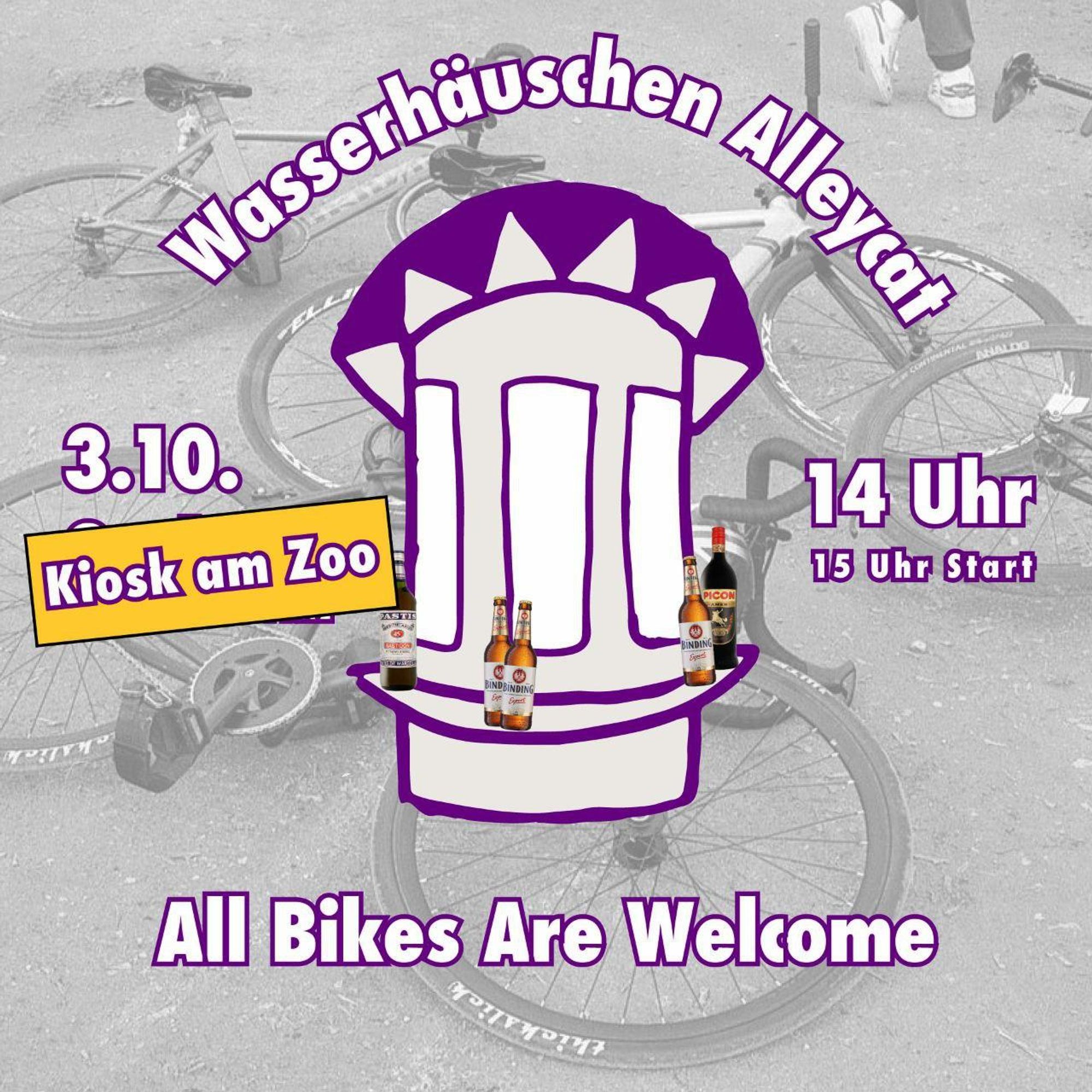 Sharepic mit der Aufschrift Wasserhäuschen Alleycat 14 Uhr Start 15 Uhr 3. 10. Kiosk am Zoo. All Bikes Are Welcome.