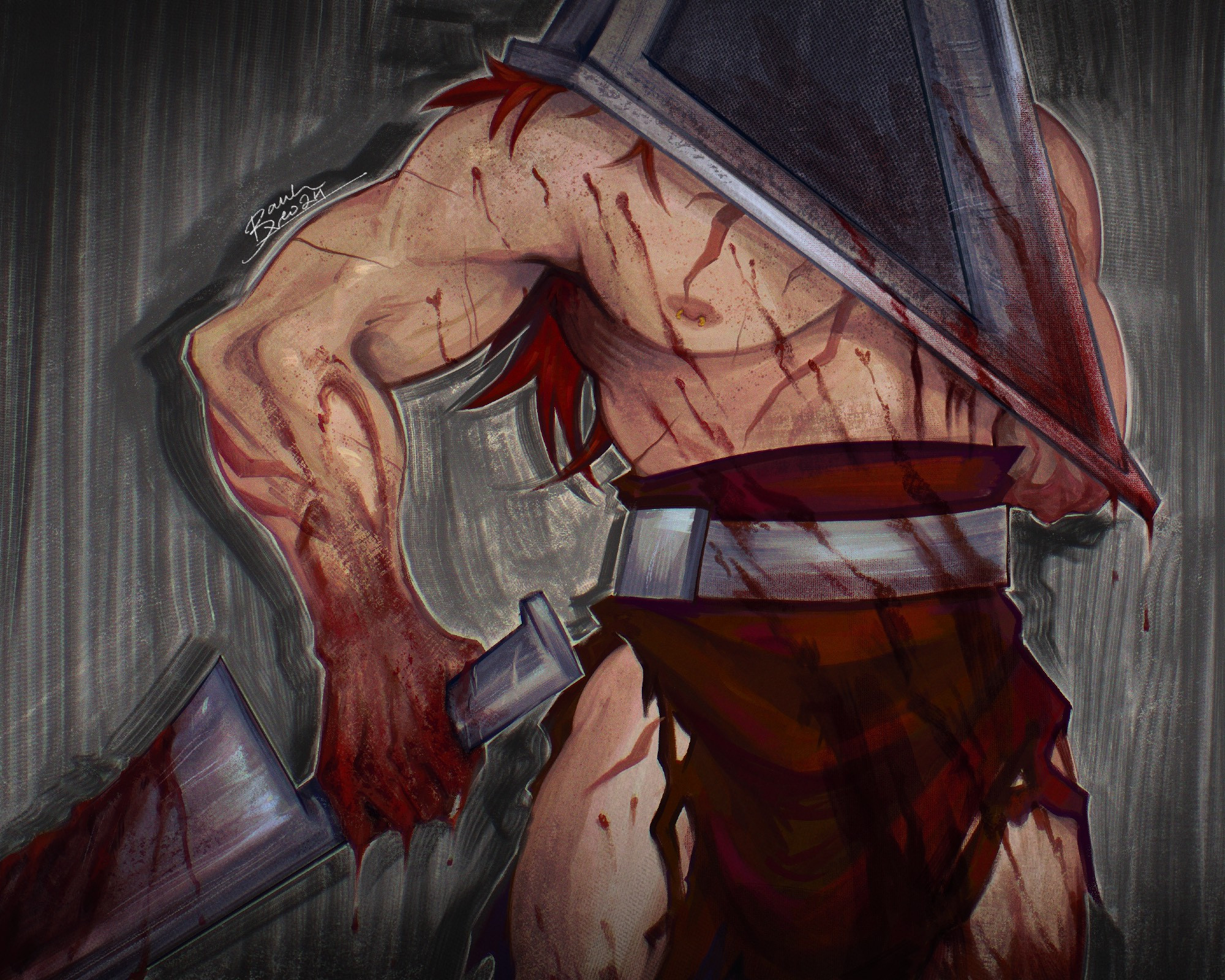 eustass kid from one piece dressed as pyramid head covered in blood