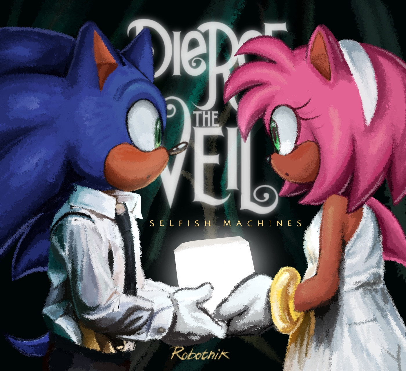 Digital painting On Sonic and Amy on the Album Cover of PIERCE THE VEIL’S ‘SELFISH MACHINES’ !!!!!!!!! I LOVE PIERCE THE VEIILLL they both have kind of shocked / blushing Expressions as they share The Glowing Cube . Awesome