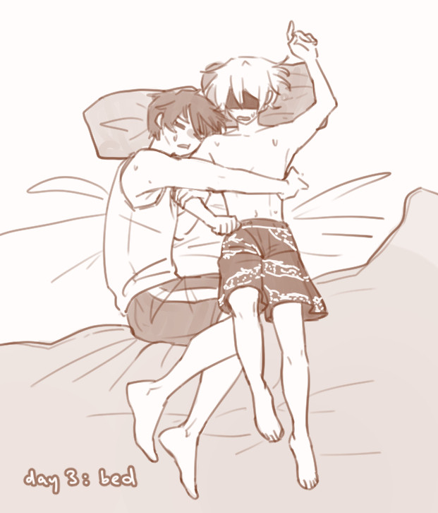 kagiura trying to cuddle with hirano in bed when both are sweating from the summer heat. hirano looks very displeased.