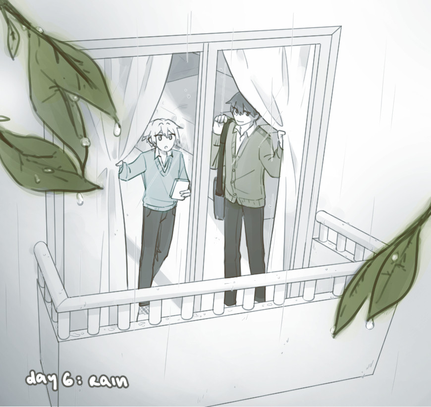 hirano and kagiura pull aside the curtains of their dorm balcony window to see that it is raining outside.